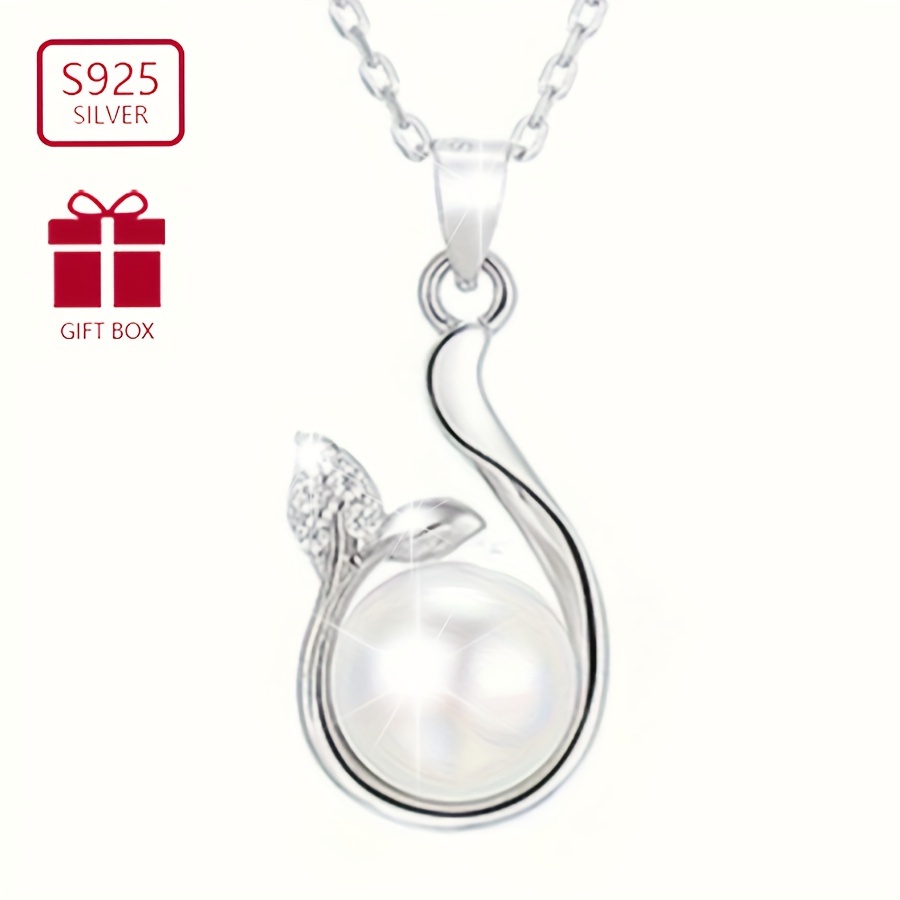 

1pc925 Pure Silvery Low Sensitivity Leaf Pearl Inlay Synthetic Zirconia Sexy Elegant Style Suitable For Wedding Party Women's Fashion Pendant Necklace 3g