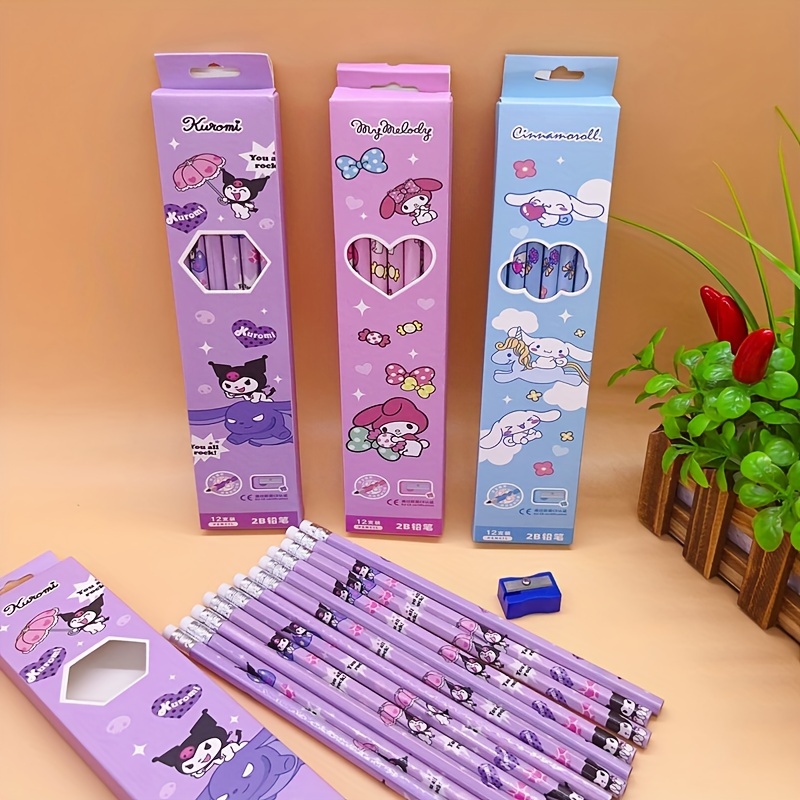 

Sanrio 12-piece Wooden Pencils Set With Built-in Sharpener & Eraser - Cute Kuromi, My Melody, Cinnamoroll Designs For School Supplies