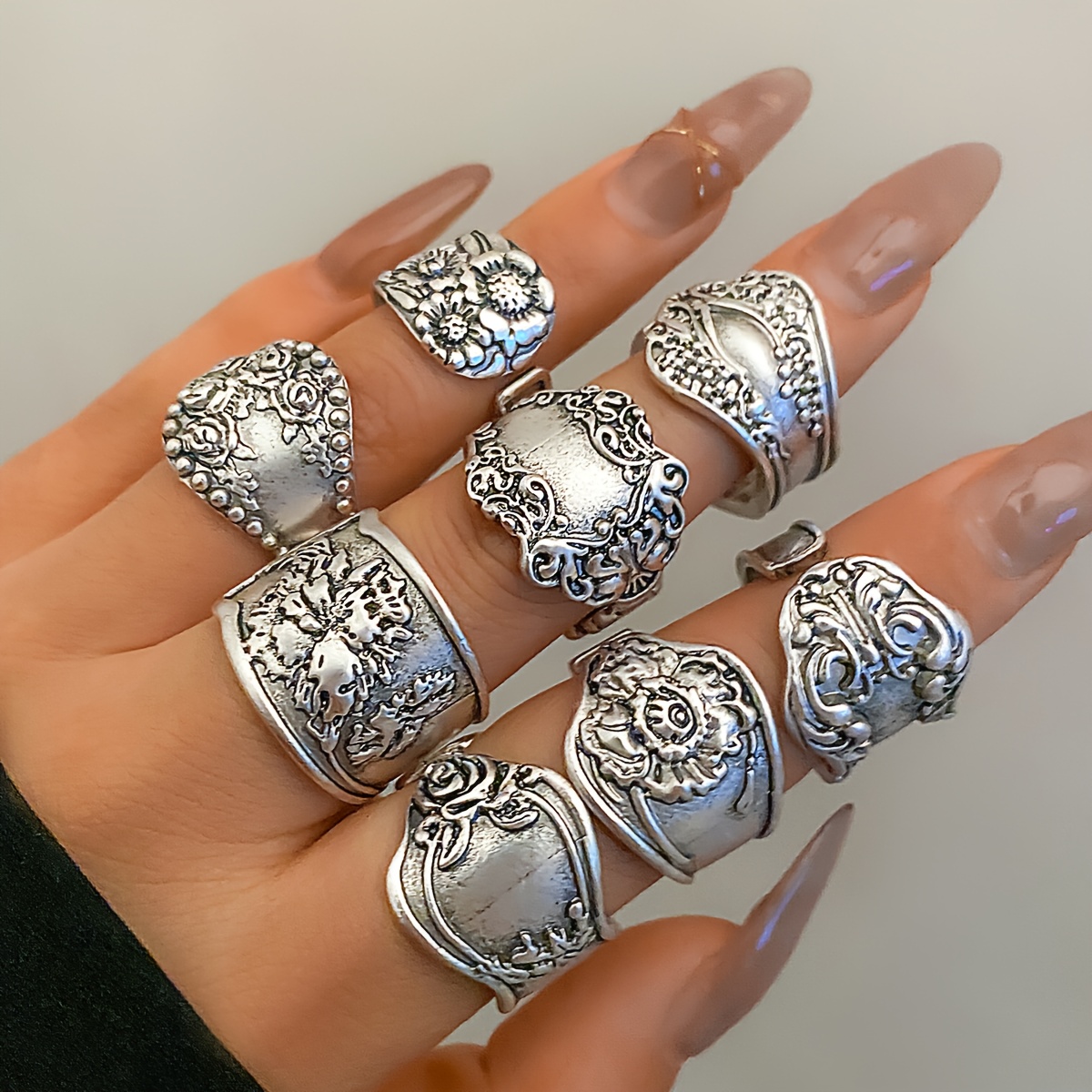 TEMU 8pcs Exaggerated Vintage Ring Joint Ring Set, Retro Lace Pattern Set, Western Women's Gift, Suitable For Party, Festival And Daily Wear