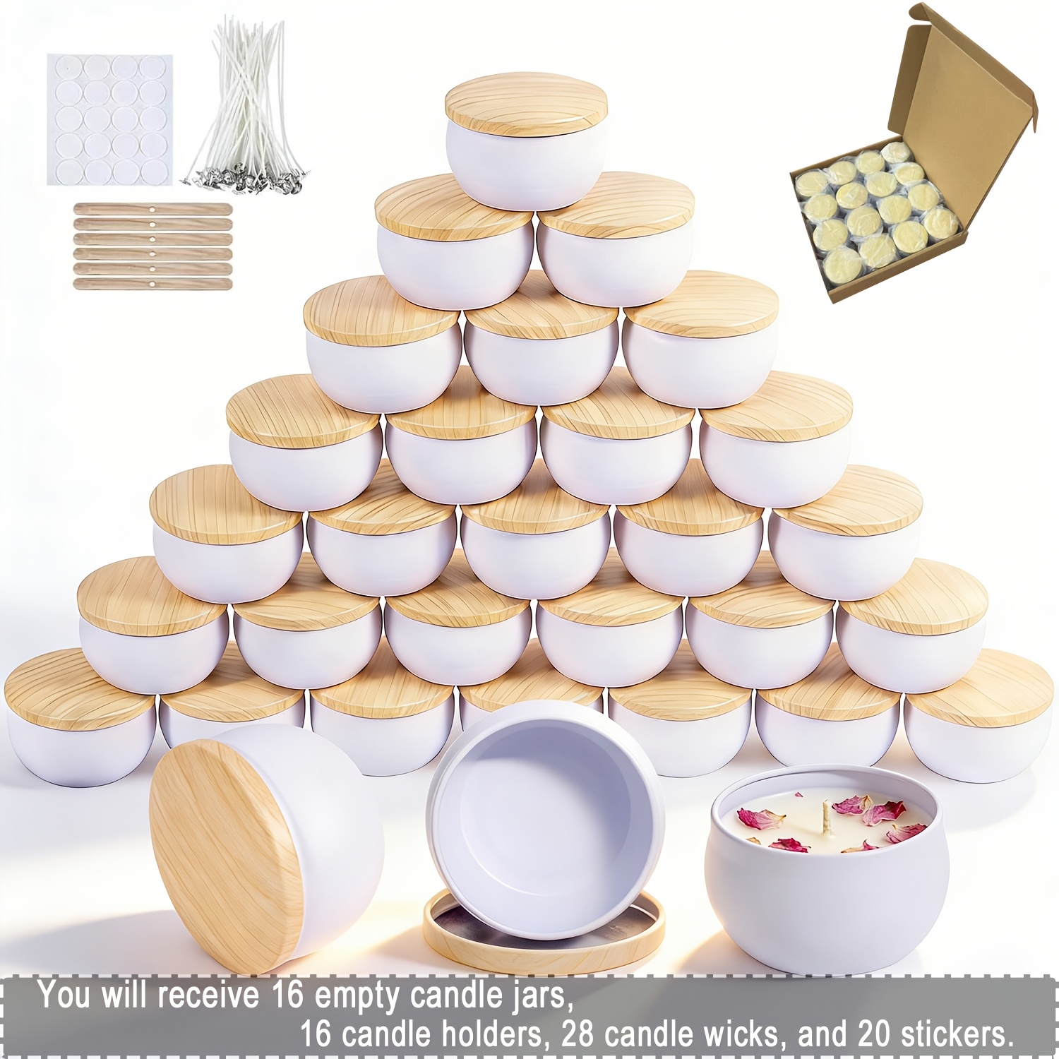 TEMU Set da 80 pezzi (16 set): Barattoli rotondi per candele ,2 - Contenitori per candele in metallo con coperchi legno. : 16 barattoli, 16