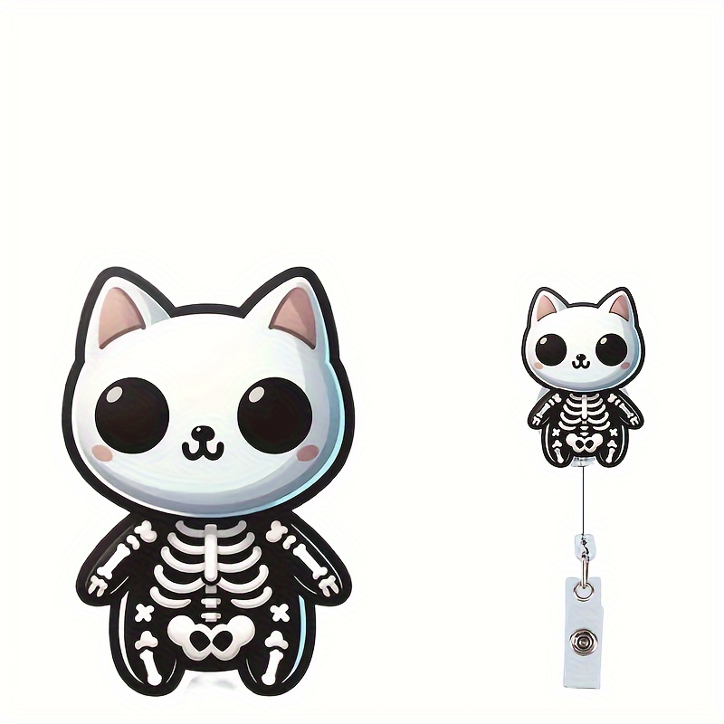 1pc Skeleton Cat Badge Reel With Clip - Adorable Acrylic Badge Holder,  Entertaining ID Card Clip, Retractable, Perfect For Nurses, Office Staff