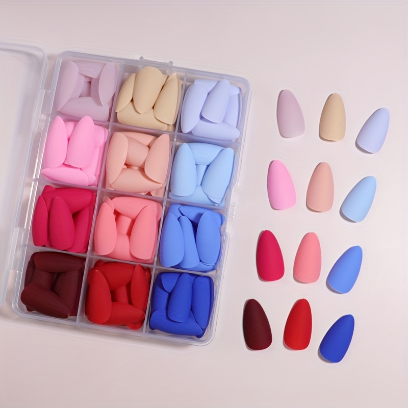 E-shop 288 Stück Mattierte, gefrostete Mandelform Künstliche Press-On-Nägel, 12 Farben mit Aufbewahrungsbox, Jelly-Kleber, Reibestreifen, geeignet für