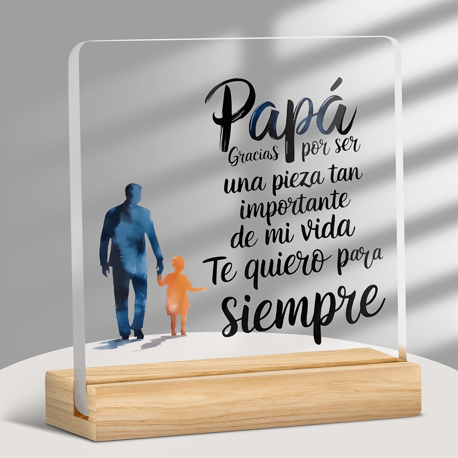 TEMU Placa Decorativa Acrílica de Escritorio con Base, Impresión 2D, Texto de del Español + Silueta Acuarela e , Diseño , Transmite " Amor Papá"