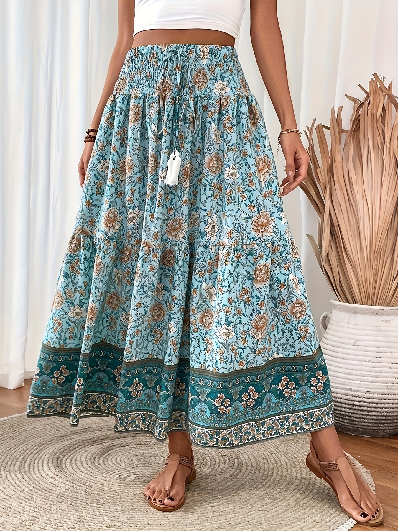 Women S Elegant Floral A-Line Skirt with Tassel Waist - Lightweight Summer Skirt, Non-Transparent Fabric,   Casual & Formal Outfits - Machine Washable Women S Skirt, Floral Skirt, Formal Attire, Decorative Tassels, Durable Construction,  