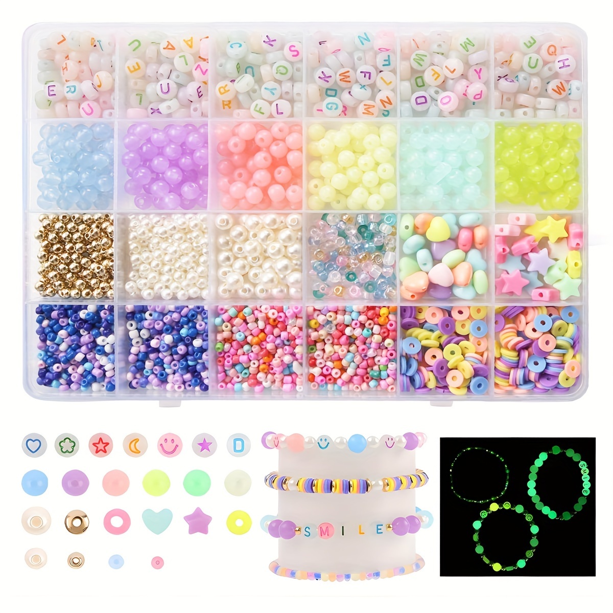 

1800+-in-the-dark Bead Kit - Uv Reactive Acrylic Alphabet, Faces & Stars For Diy Bracelets And Necklaces Crafting