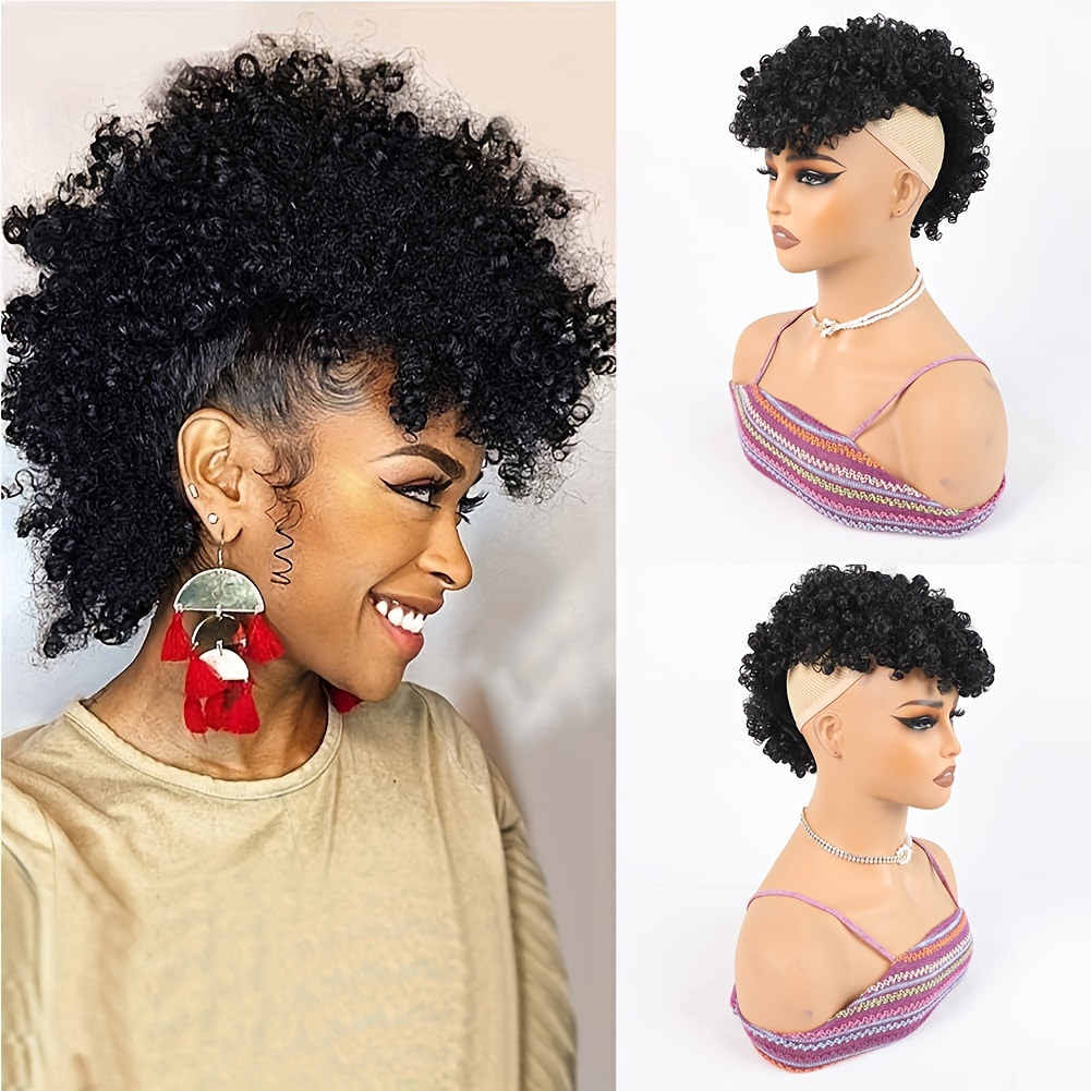 Afro High Puff Hair Bun tail Drawstring With Bangs Synthetic Jerry Curly Mohawk Fauxhawks Tail Clip In On tails For Women Hair Extensions With Six Clips