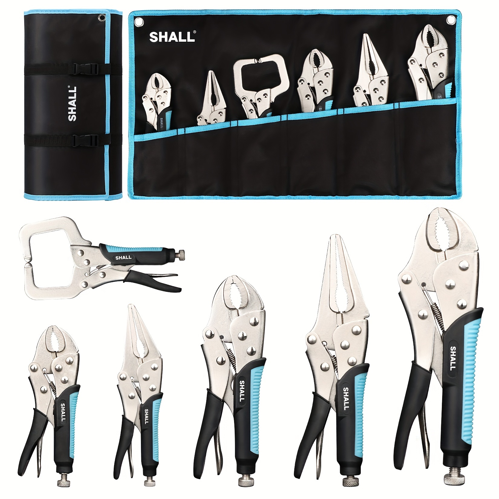 

Shall 6pcs Locking Pliers, Vice Grips Pliers Set, 5", 7" & 10" Curved Jaw Locking Pliers, 6-1/2" & 9-1/2 Long Nose Locking Pliers, 6" Locking C-clamp, Two-color Tpr Handle, Roll Up Pouch Included