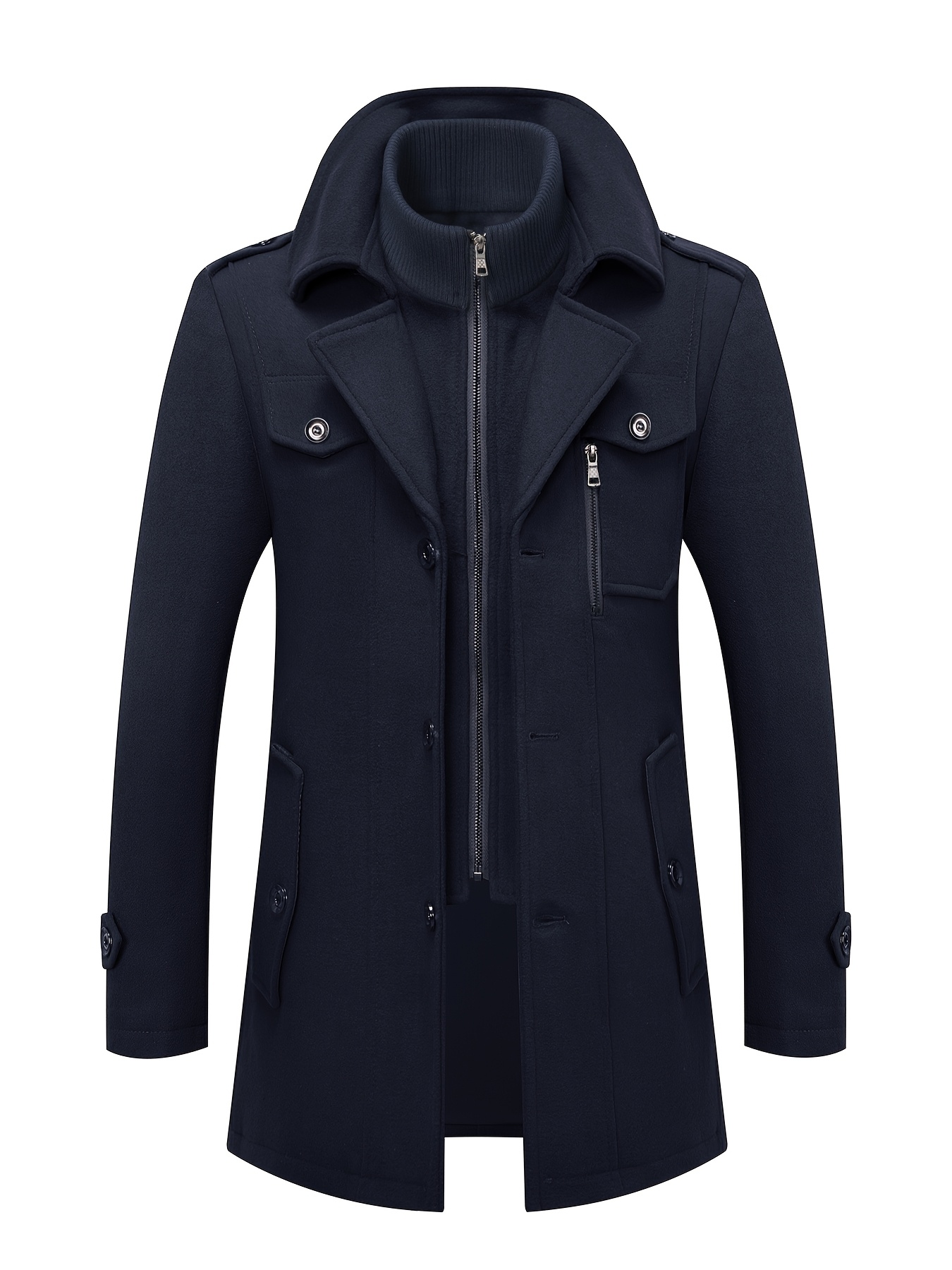 Men's Navy Blue Detachable Double-Breasted Trench Coat - Casual Wool Blend Overcoat with Zippered Pockets for Fall and Winter