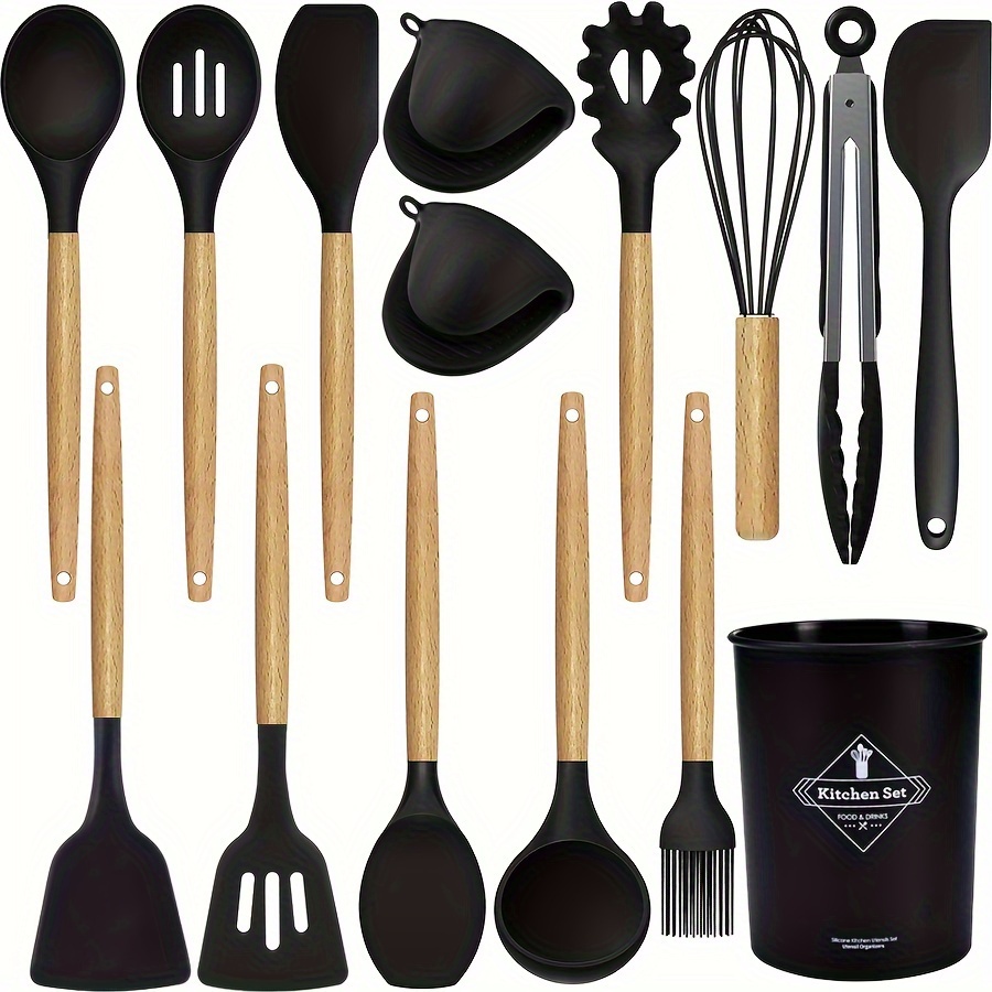 

15pcs, Wooden Handle Silicone Kitchenware, Kitchen Non-stick Cooking Spatula Frying Spatula Kitchen Tools Set With Storage Bucket