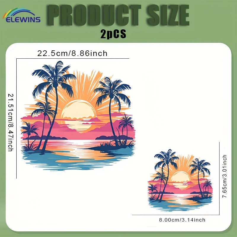 TEMU 2 pièces Thermocollants DIY Plage au - Autocollants en Lavables avec Design Palmier et Éclatant, Décalcomanies Prêtes à Presser pour T-Shirts,