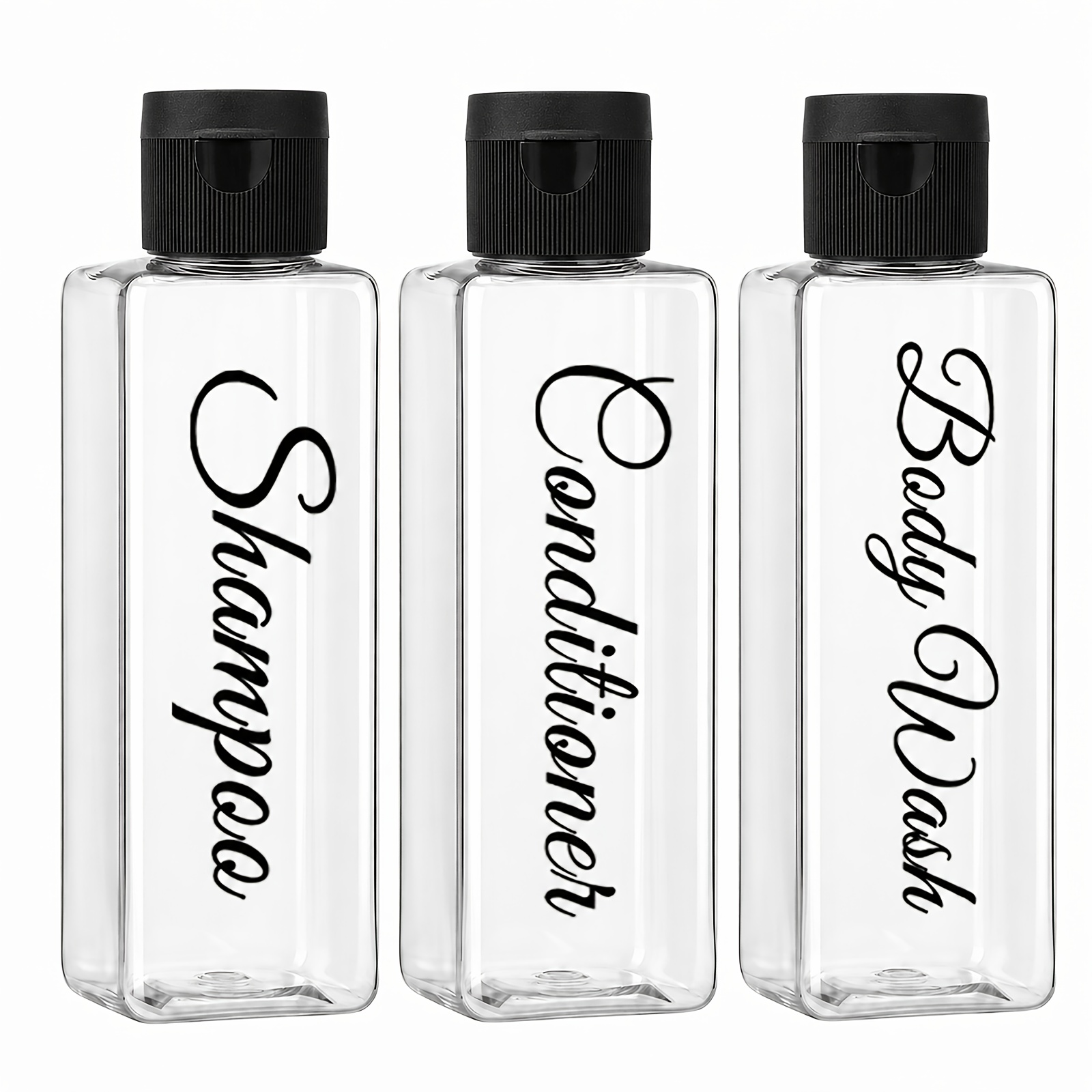 TEMU 3pcs Clear Plastic Travel Toiletry Bottles With Elegant Labels - Capacity Suitable For Shampoo, Conditioner, Body Wash, Refillable Rectangular