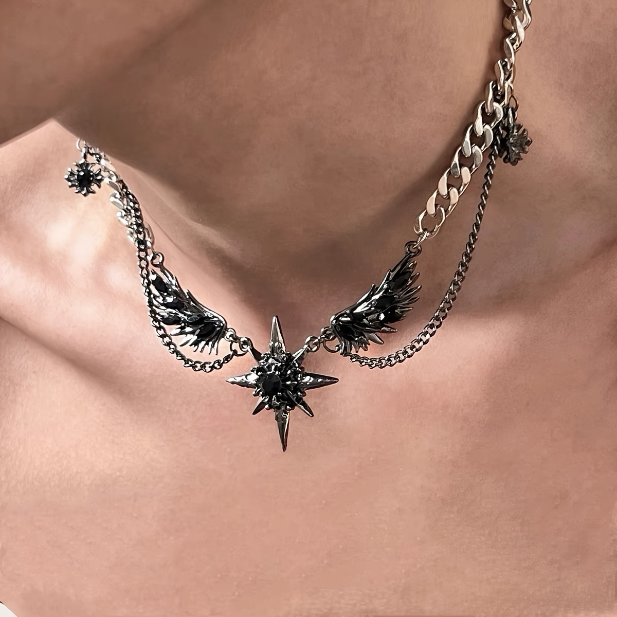 

1pc Star Wing Inlaid Titanium Steel Silvery Necklace Hip Hop Street Collar Chain