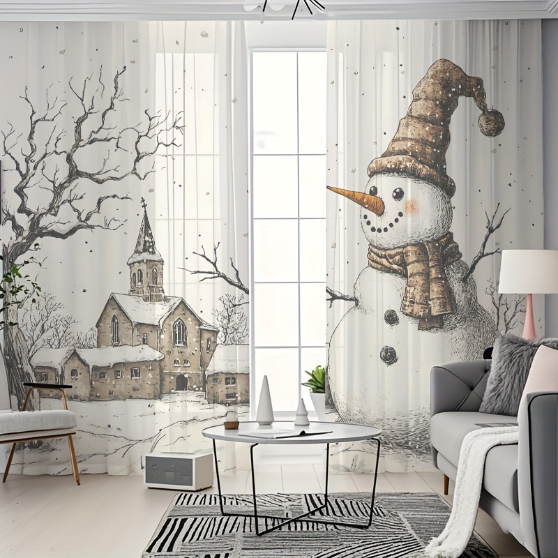 TEMU Rideaux Translucides de Noël 2 pièces, Rideaux Voilages de Fenêtre Style Thème de Neige de Noël, Créez une Ambiance de 'Histoire d'Hiver,