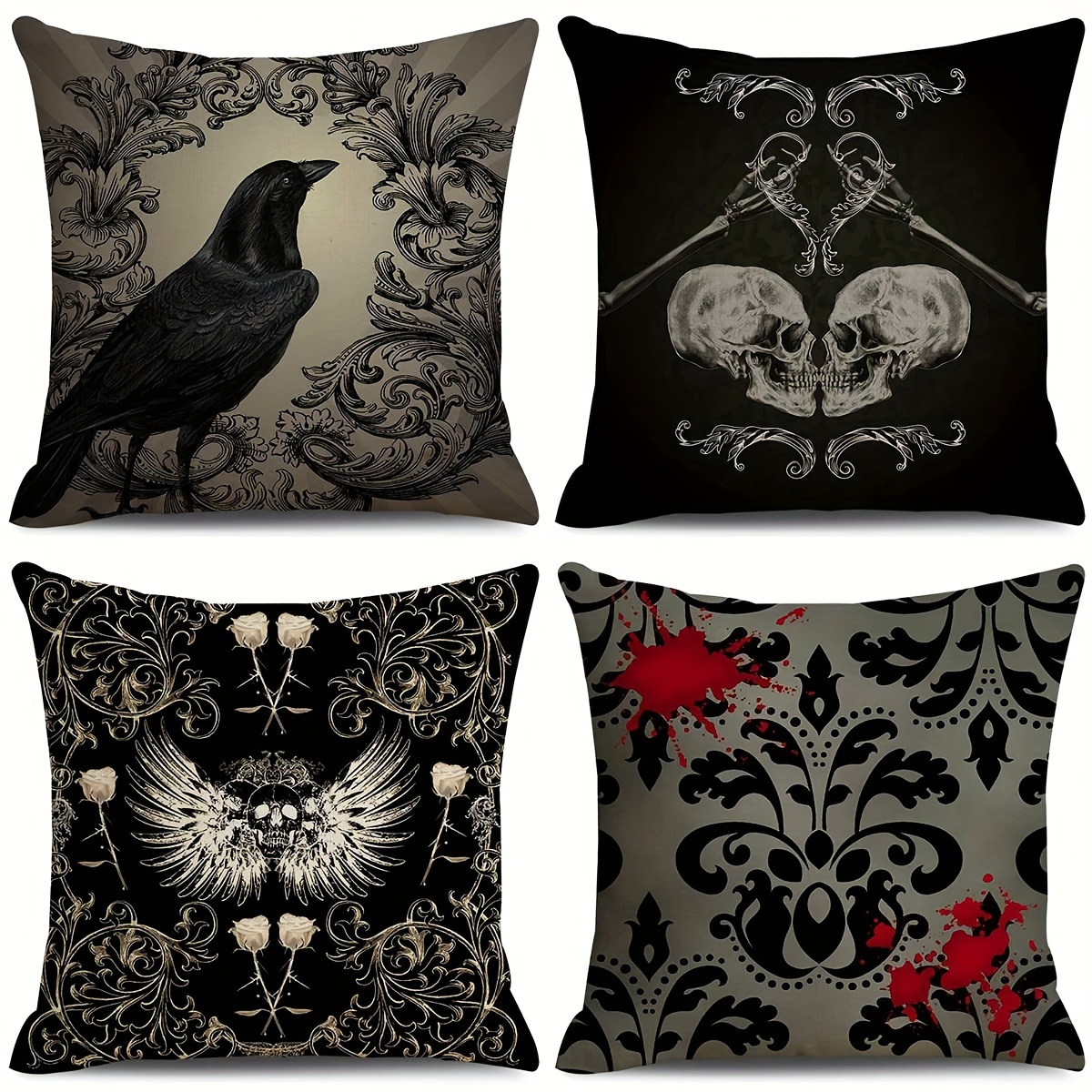 

Vintage Gothic Halloween Throw Pillow Covers Set Of 4, 18x18 Inch, Machine Washable Polyester Decorative Cushion Cases With Zipper Closure, Crow Blood For Home And Party Decor