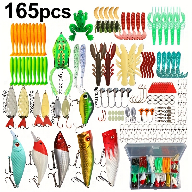 165pcs Fishing Lure Tackle Kit With Box, Including Minnow, Spoon Lures, Soft Lures Bait, Forg Soft Bait, Soft Worms Bait, Rigs Jig Head