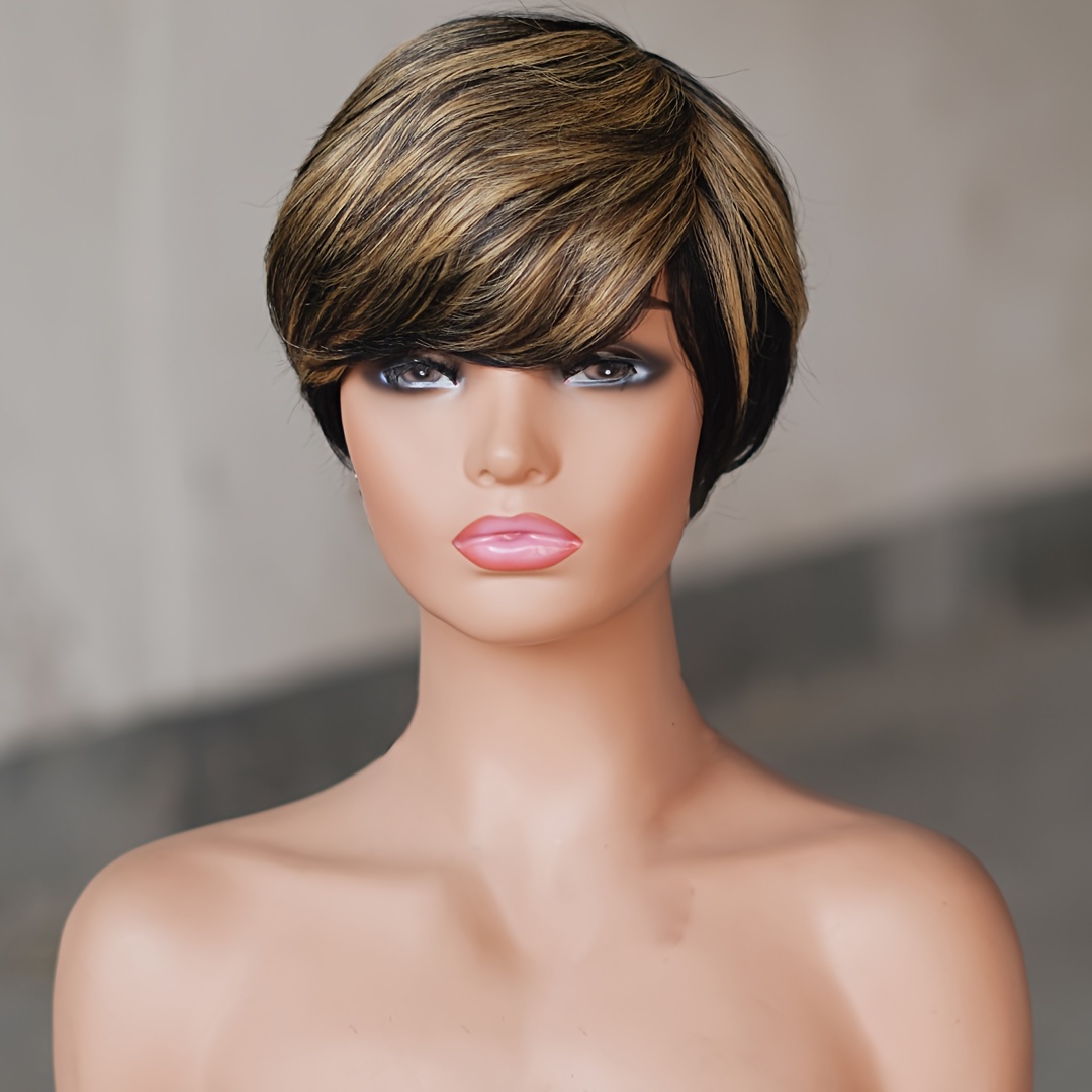 TEMU Short Cut Wig Human Hair For - Glueless Machine-made Wig With Bangs, 150% Density Straight Hair, For & Natural Look, Hair Wig, Fashion Accessory | Chic