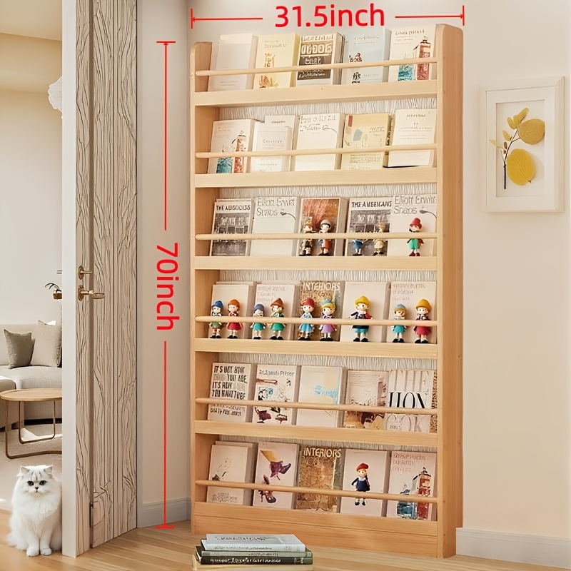 4/5/6-Tier Behind The Door Bookshelf, 31.5'' Wide Ultra-Thin Wooden Storage Rack, Floor Standing Organizer for Living Room Study Bedroom, Magazine Newspaper & Book Display Shelf, Fits Narrow Spaces, Magazine & Newspaper Baskets