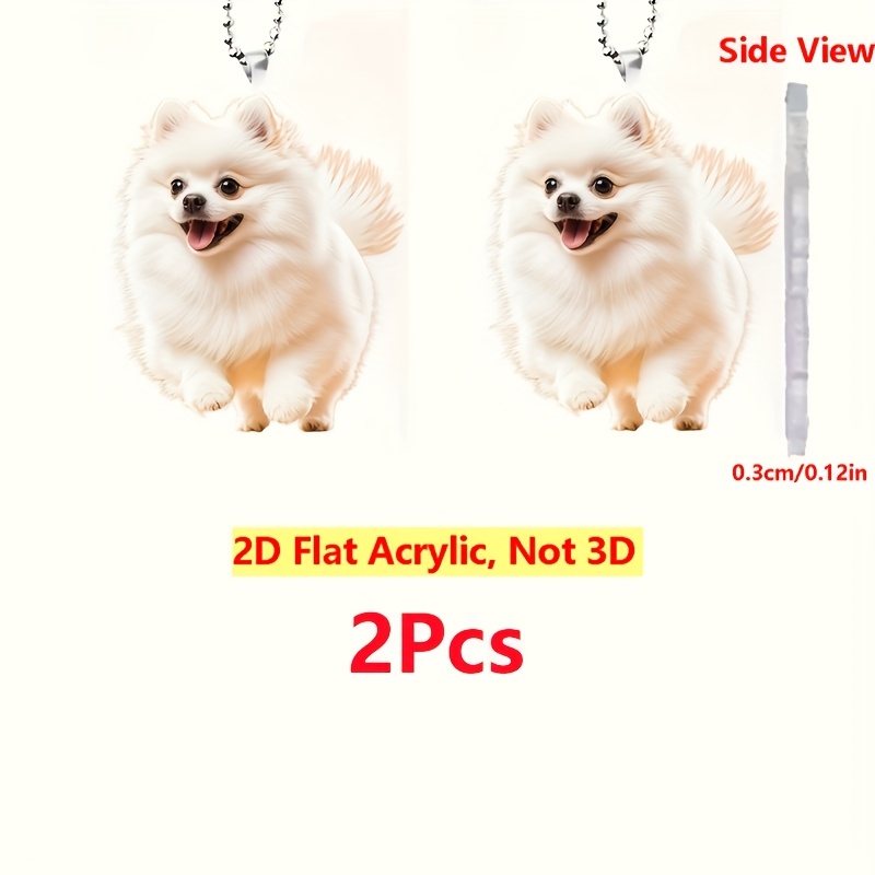 TEMU 2d Flat Acrylic White Pomeranian Dog Hanging Ornaments - Pet Theme Flat Decor Pendant, Suitable For Car Interior Decor, Backpack Decoration And