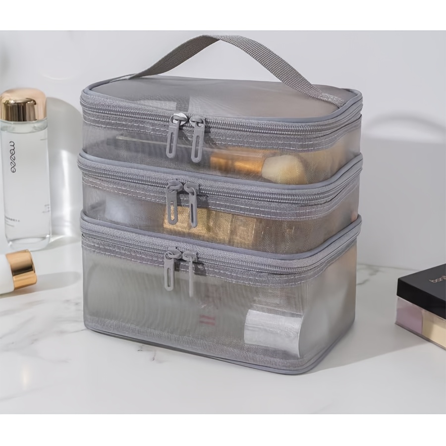 TEMU 3-tier Makeup And Toiletry Bag, Foldable Transparent Gauze Style, Good-looking And Durable, Bedroom, Dressing Table, , Travel, Back-to- Toiletry