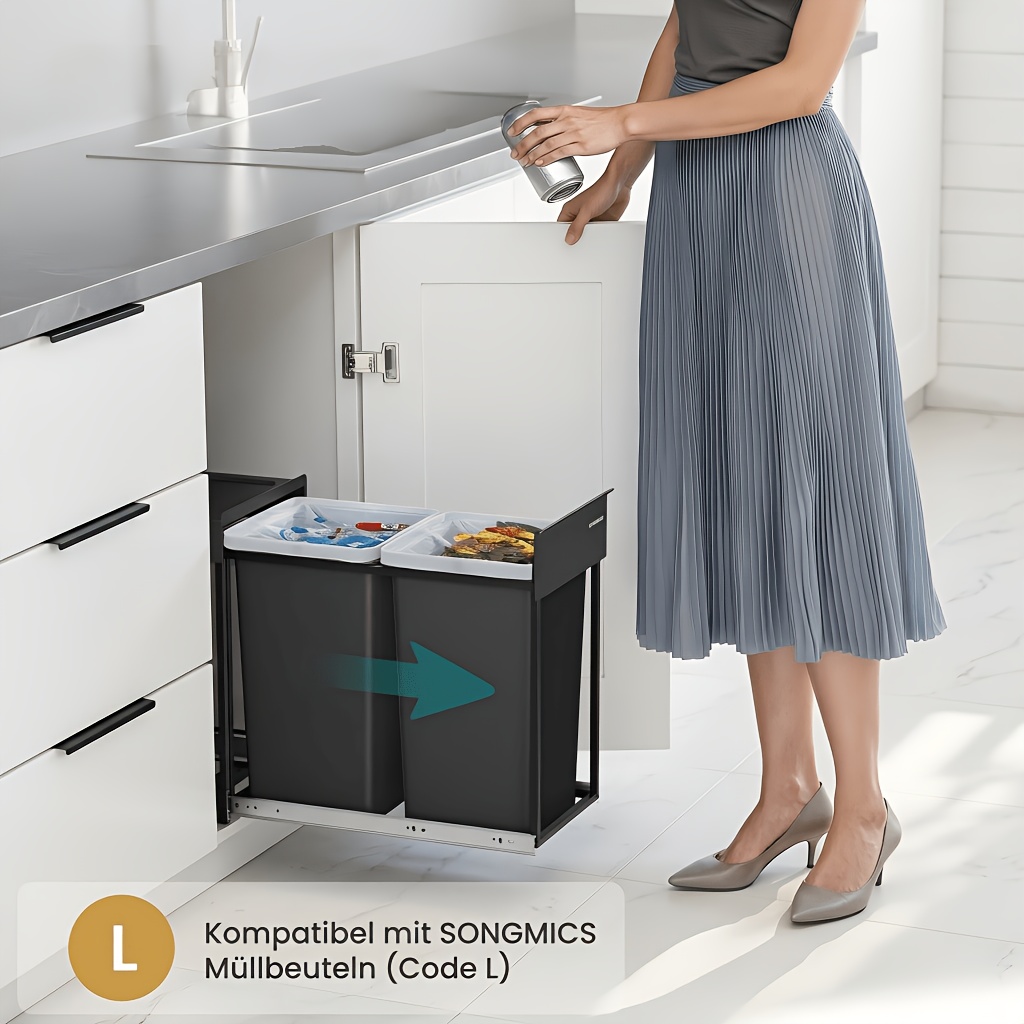 E-shop Robuster Unter-Schrank-Mülleimer mit Auszieh-System - 2x15L Doppelkammer, Platzsparender Küchenabfall-Trenner mit Stahlrahmen & ABS-Deckel, für