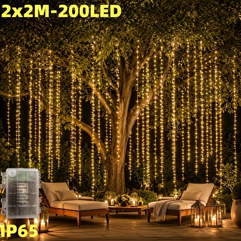 TEMU 1 pièce Guirlande Lumineuse Rideau d'Extérieur 2x2m 200 LED à Piles, Blanc Froid Effet , Scintillantes Suspendues pour Arbre pour Décoration de