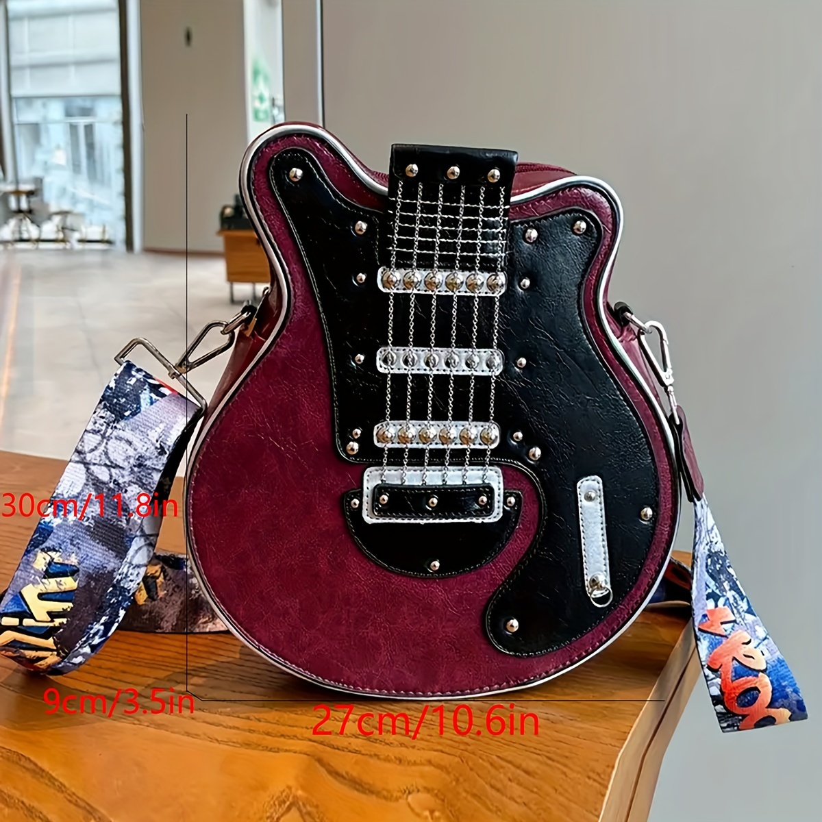 guitar shaped crossbody bag for women y2k vintage style pu leather bass design with chain and rivet details details 0