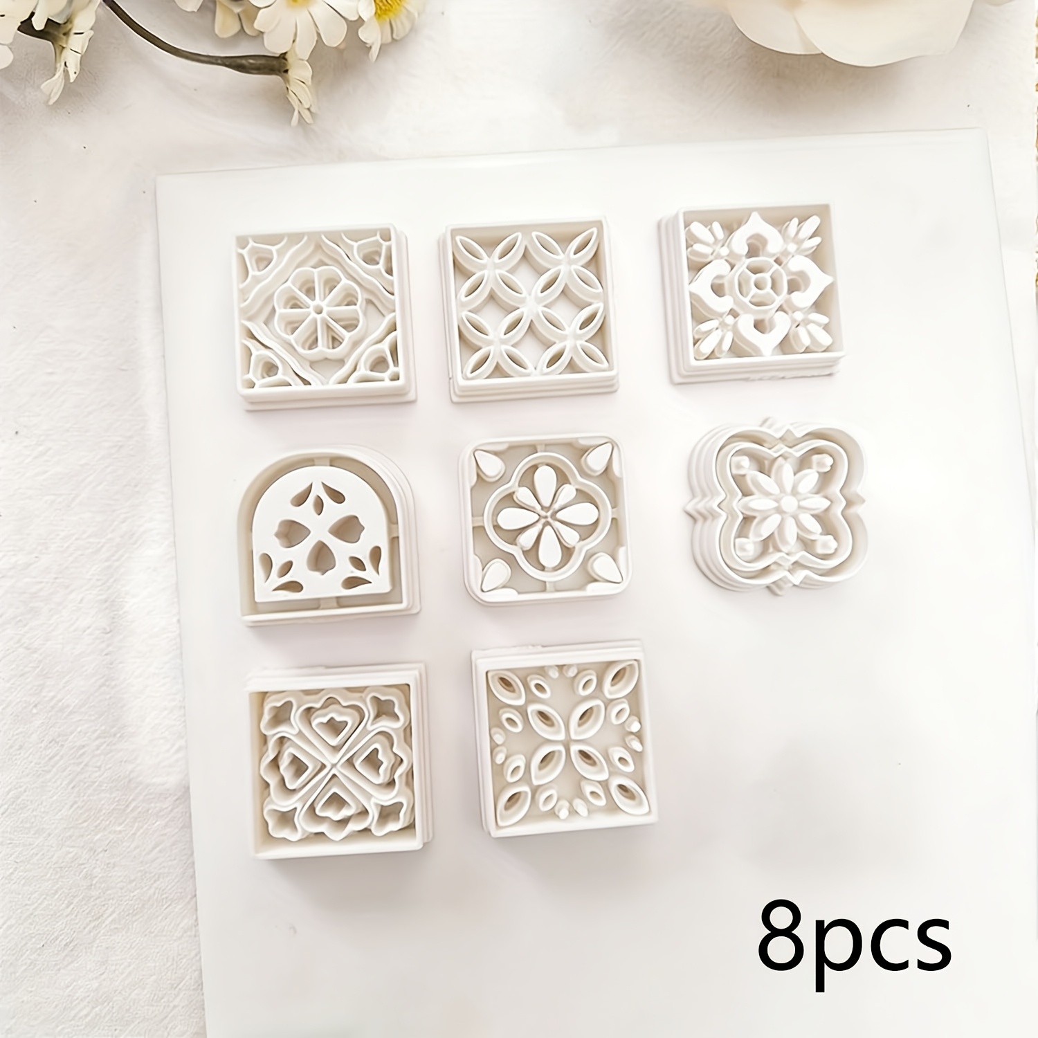 TEMU 8pcs Coupe-pâte à modeler motif de fenêtre créatif style bohème, Kit de fabrication de bijoux couleurs ethniques tranquilles | Coupe-pâte à