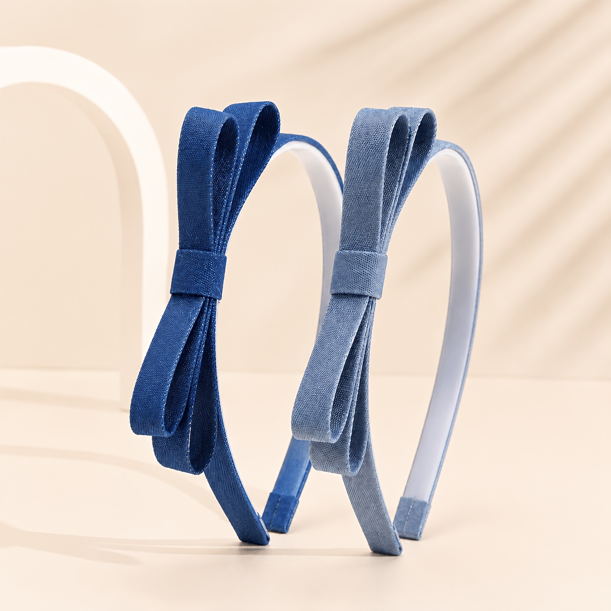 TEMU 2pcs Light Dark Denim Bow Thin Headbands Fabric Wrapped Non-slip Hair Hoops For Women, Preppy Blue Hair Additions For Daily Wear, Back To School