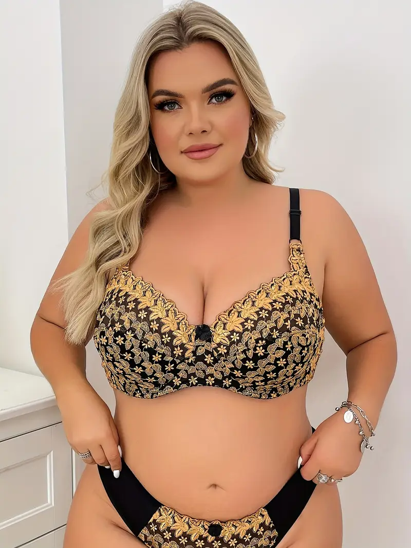 womens plus sexy bra plus size bow decor floral embroidery non padded underwire bra details 0