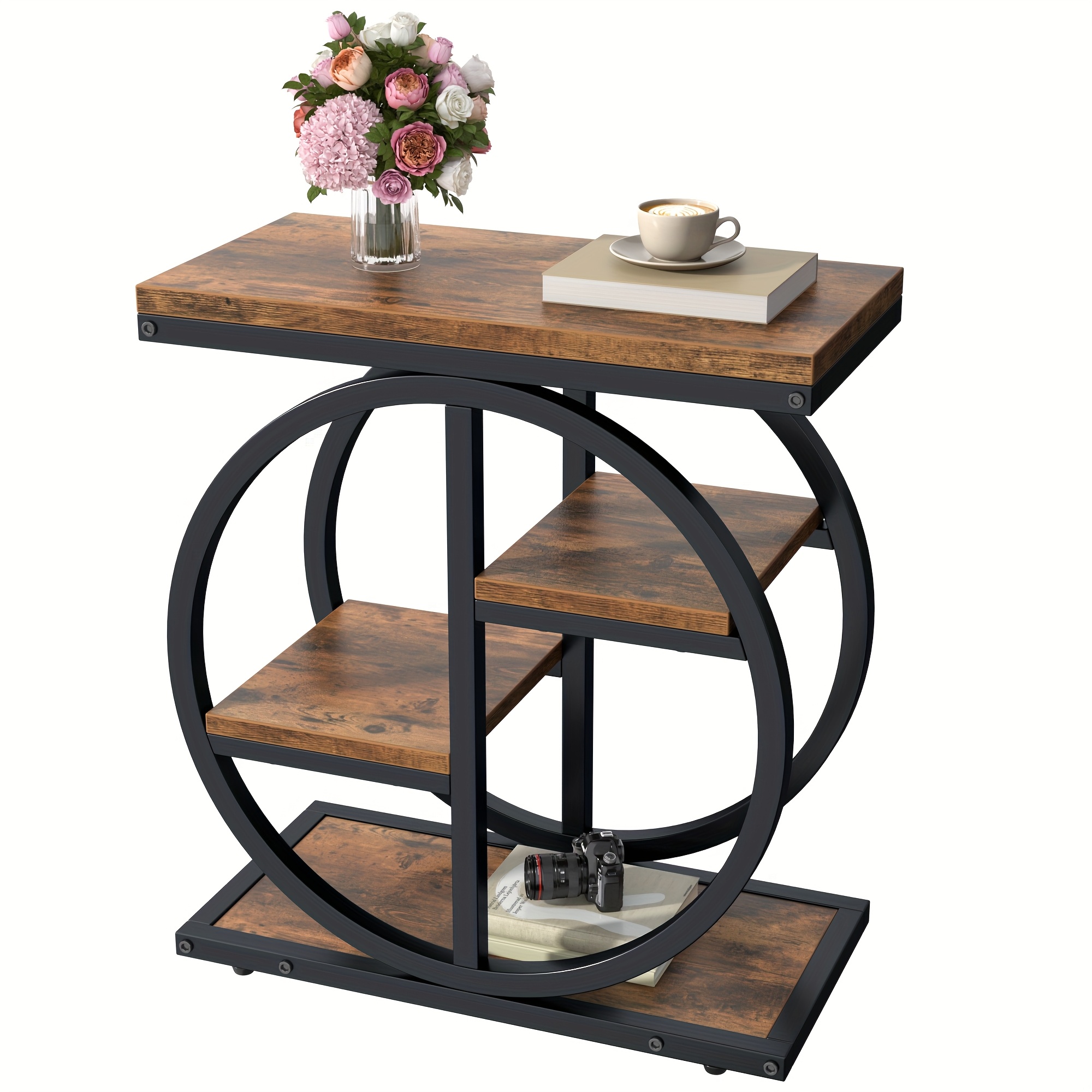 TEMU End Tables For Living Room, 4-tier Narrow Side Table With Storage Space, Wood Slim Sofa Side Table With Geometric Metal Frame, Industrial Skinny