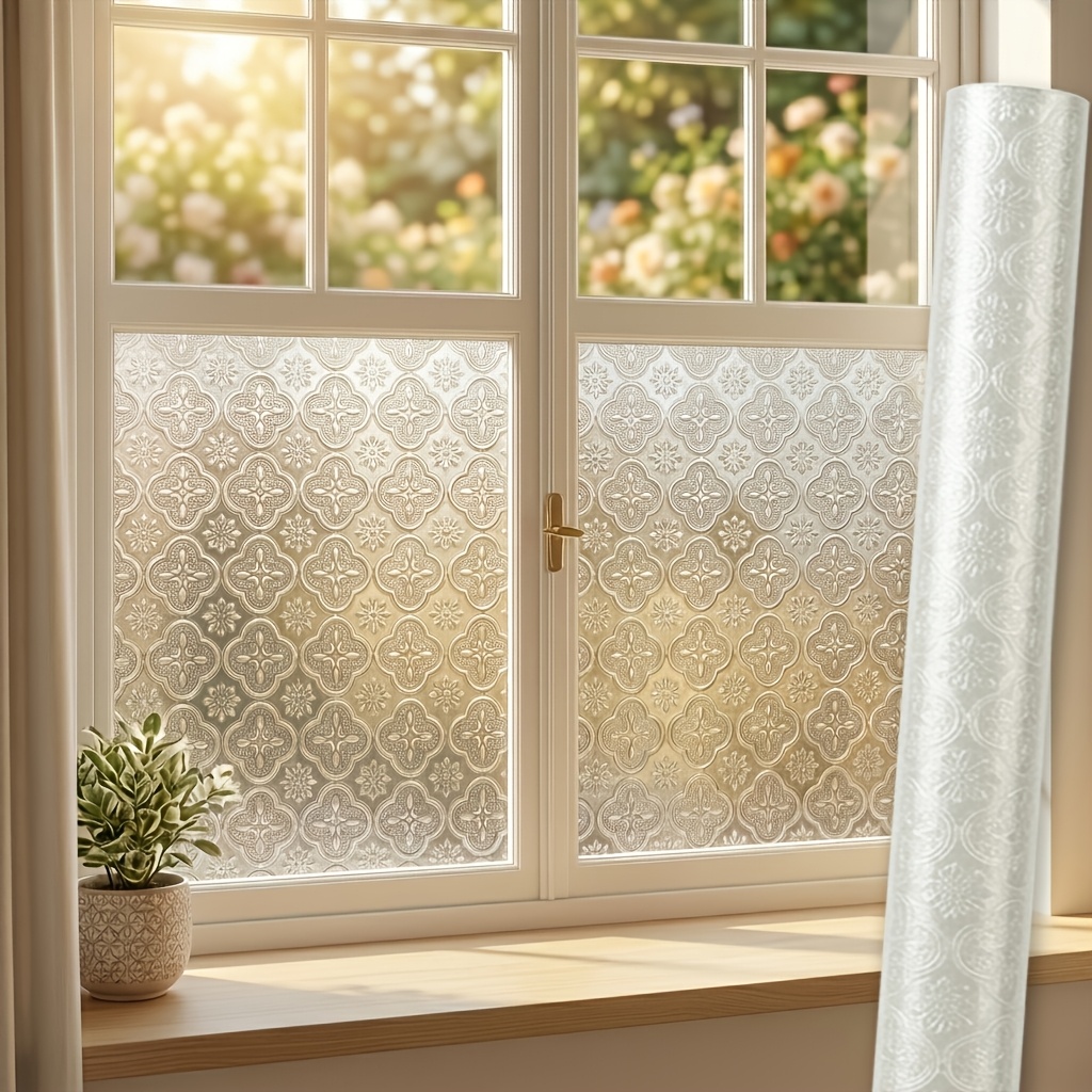 TEMU Hedge Rose Glass Film Sticker 3d Relief Texture Frosted Privacy Protection Anti- Sunshade Insulation Glue-free Self-adhesive Static Adsorption