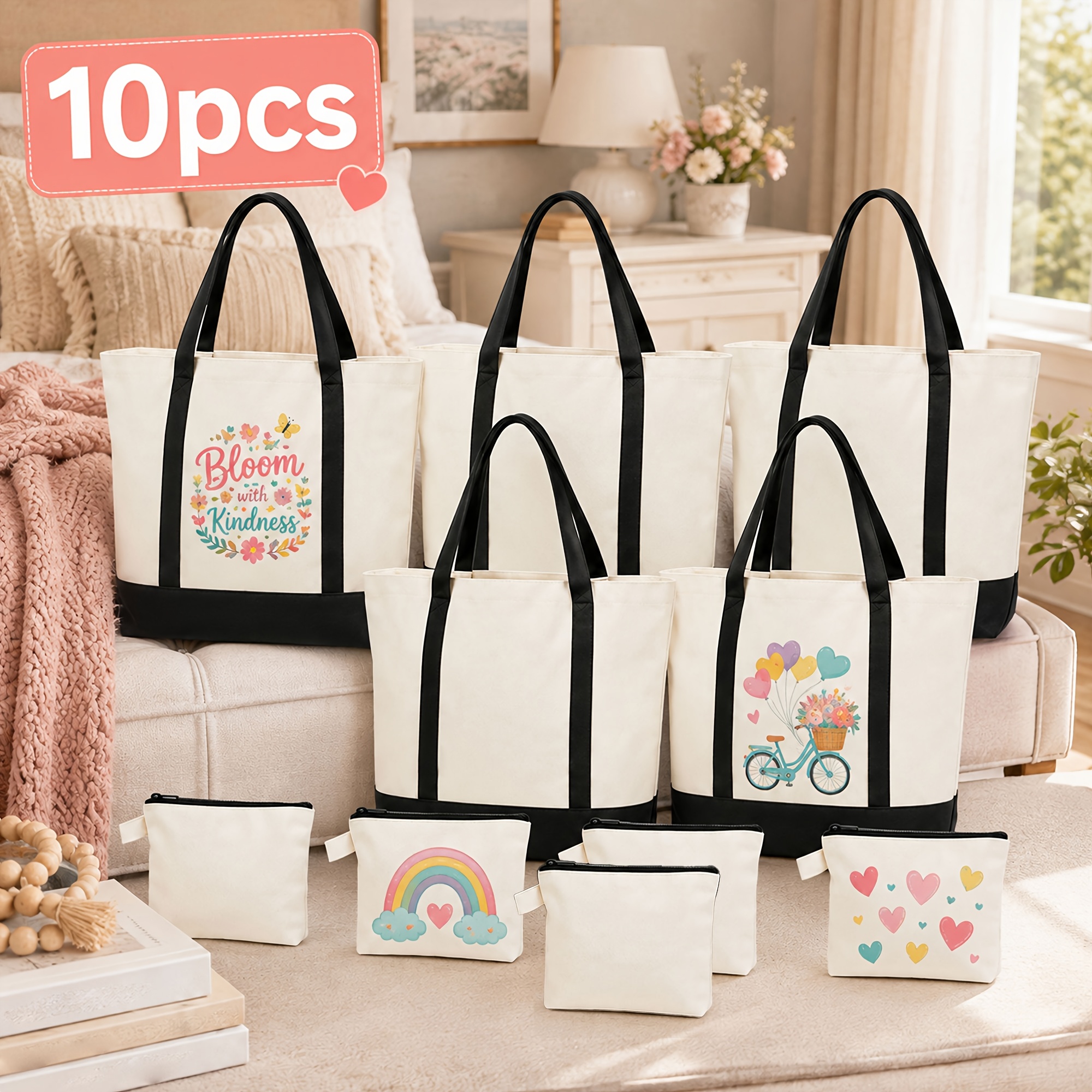 10pcs Canvas Tote Bag, 16.5 X " Canvas Bag With Zipper Cosmetic Pouch, Sublimation Reusable Grocery Shopping Bag With Handle For Diy Craft
