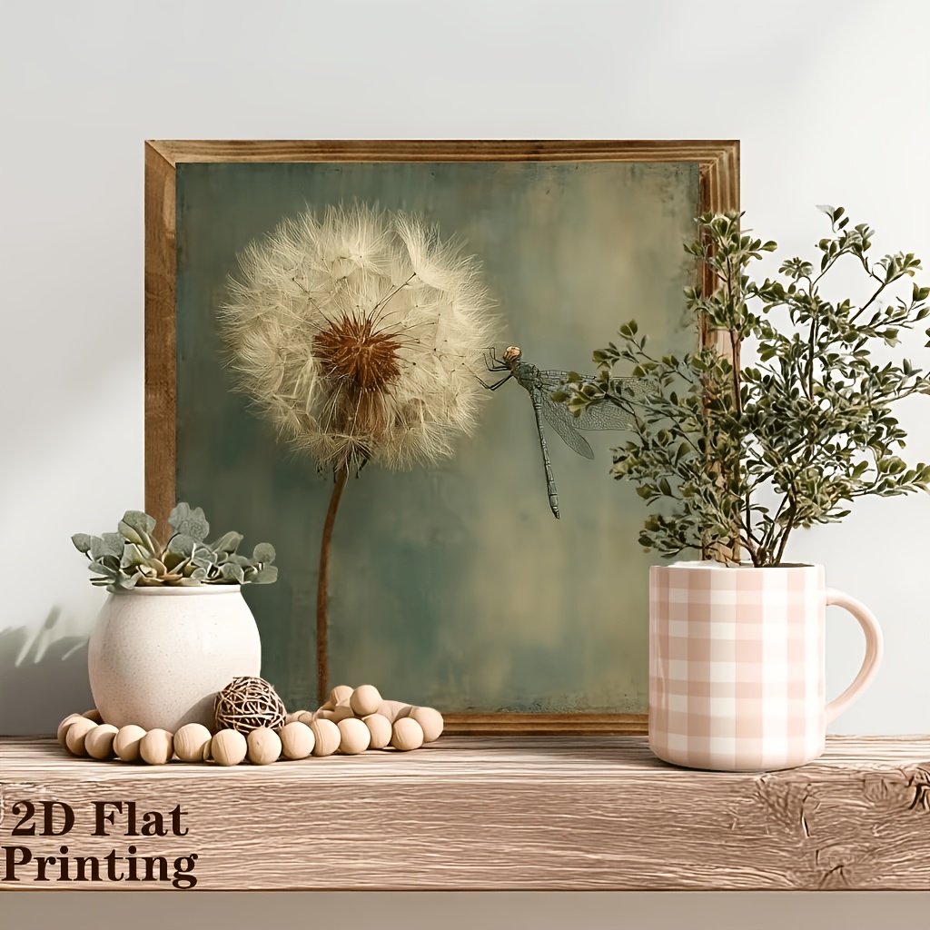 TEMU 2d Flat, 1pc Dandelion And Dragonfly Decoration - 8x8 Inch Decor, Wooden Frame Wall Art - Suitable For Home, Kitchen, Living Room, Office Desk,