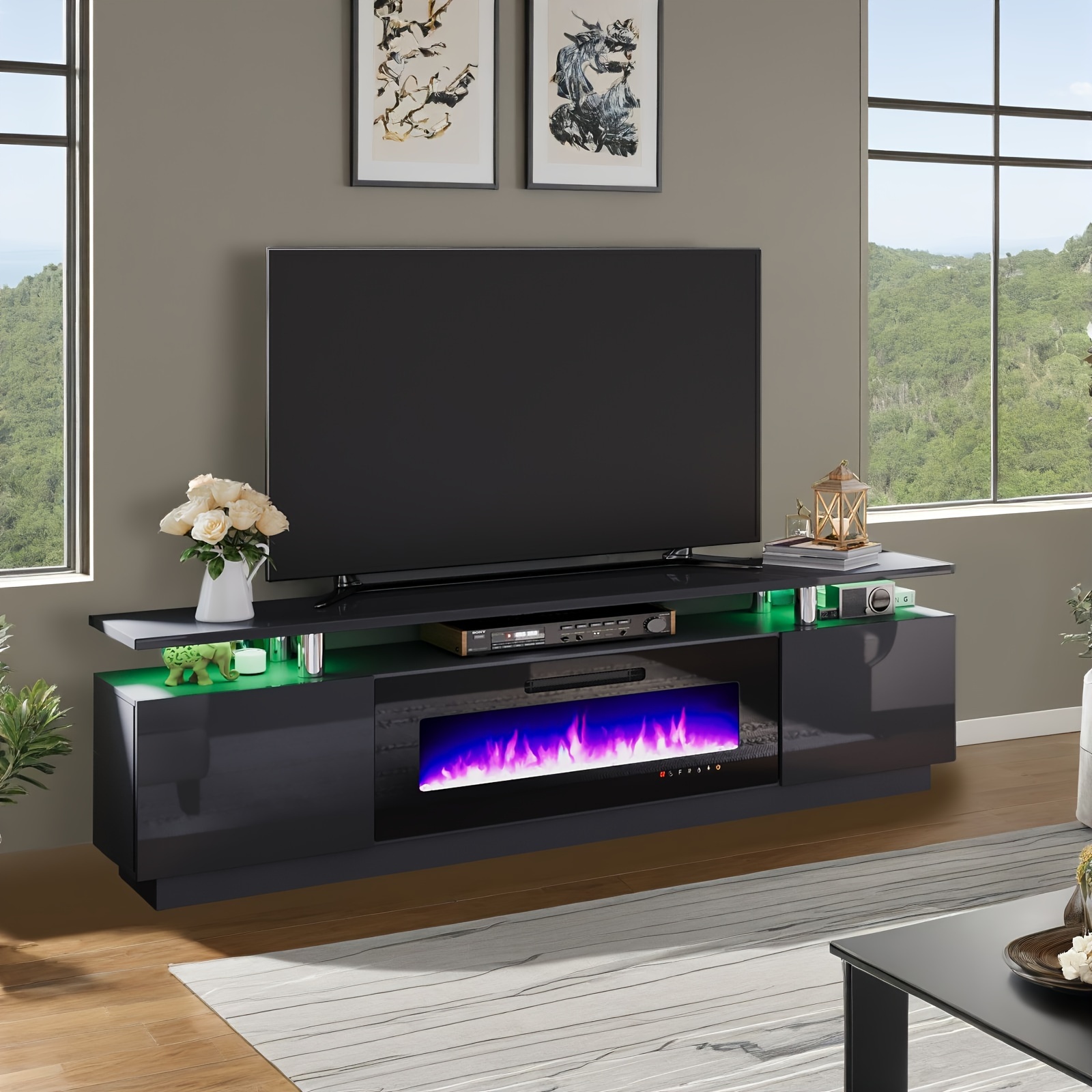 

A Contemporary High-gloss Finish Tv Stand With Electric Fireplace Integration, Open Storage Led Entertainment Center, Accommodating Tvs Up To 80/90 Inches