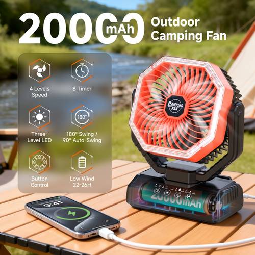 portable camping fan with led light 20000mah rechargeable battery remote control and oscillating function usb c charging 4 wind 90 oscillating 1 8 hour timer remote control included suitable for indoor and outdoor use tents travel