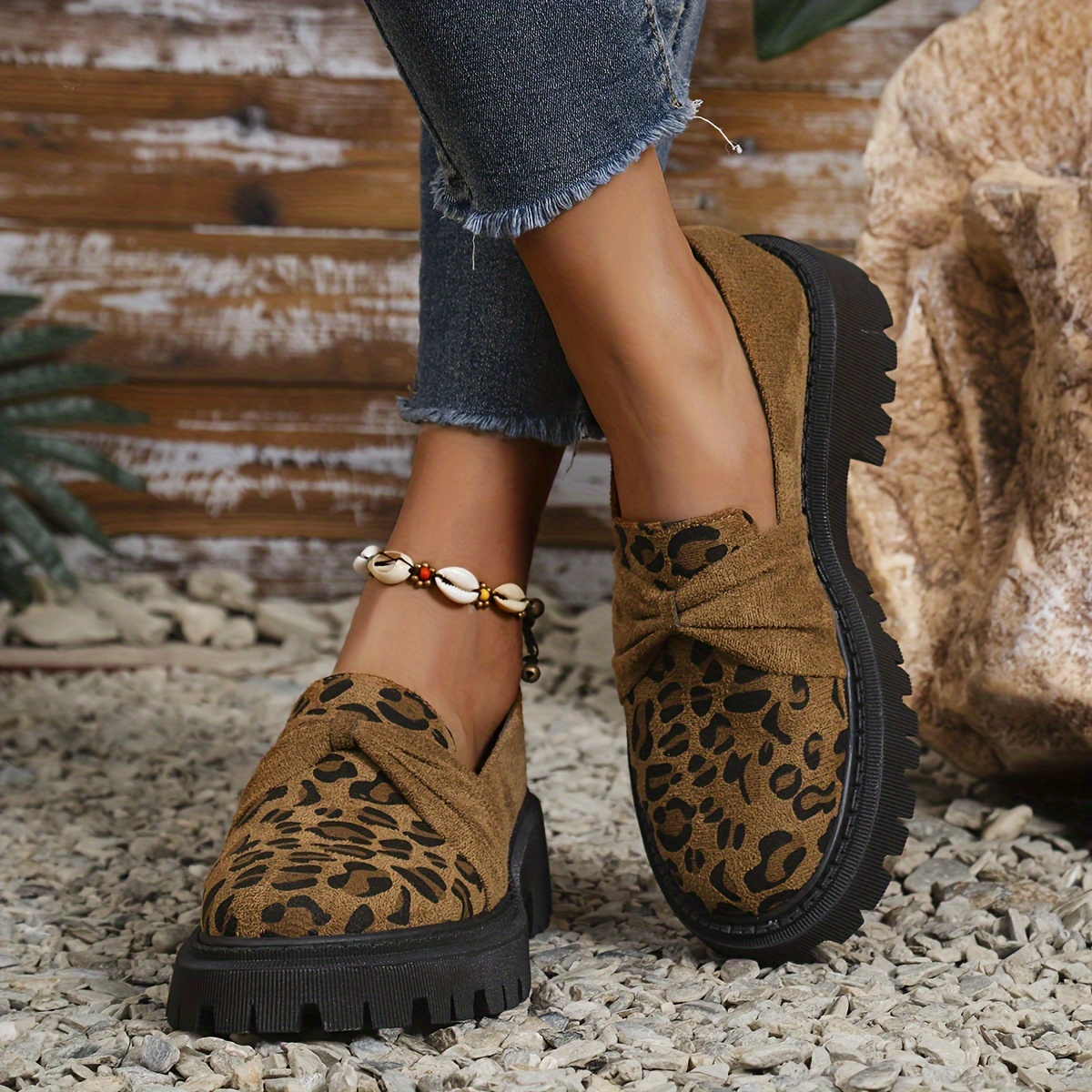 

Elegant Women's Leopard Print Loafers With Bowknot - Slip-on, Non-slip Sole, Shoes