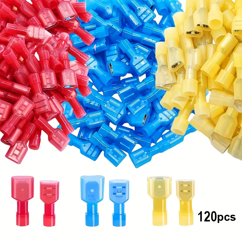 Image of 40/120pcs Nylon Fully Insulated Electrical Terminal Connectors - Male And Female Components 22 Awg - Red, Blue, Yellow Kit For Cars, Ships, , Speaker Quick Disconnect Wire Crimp Terminals
