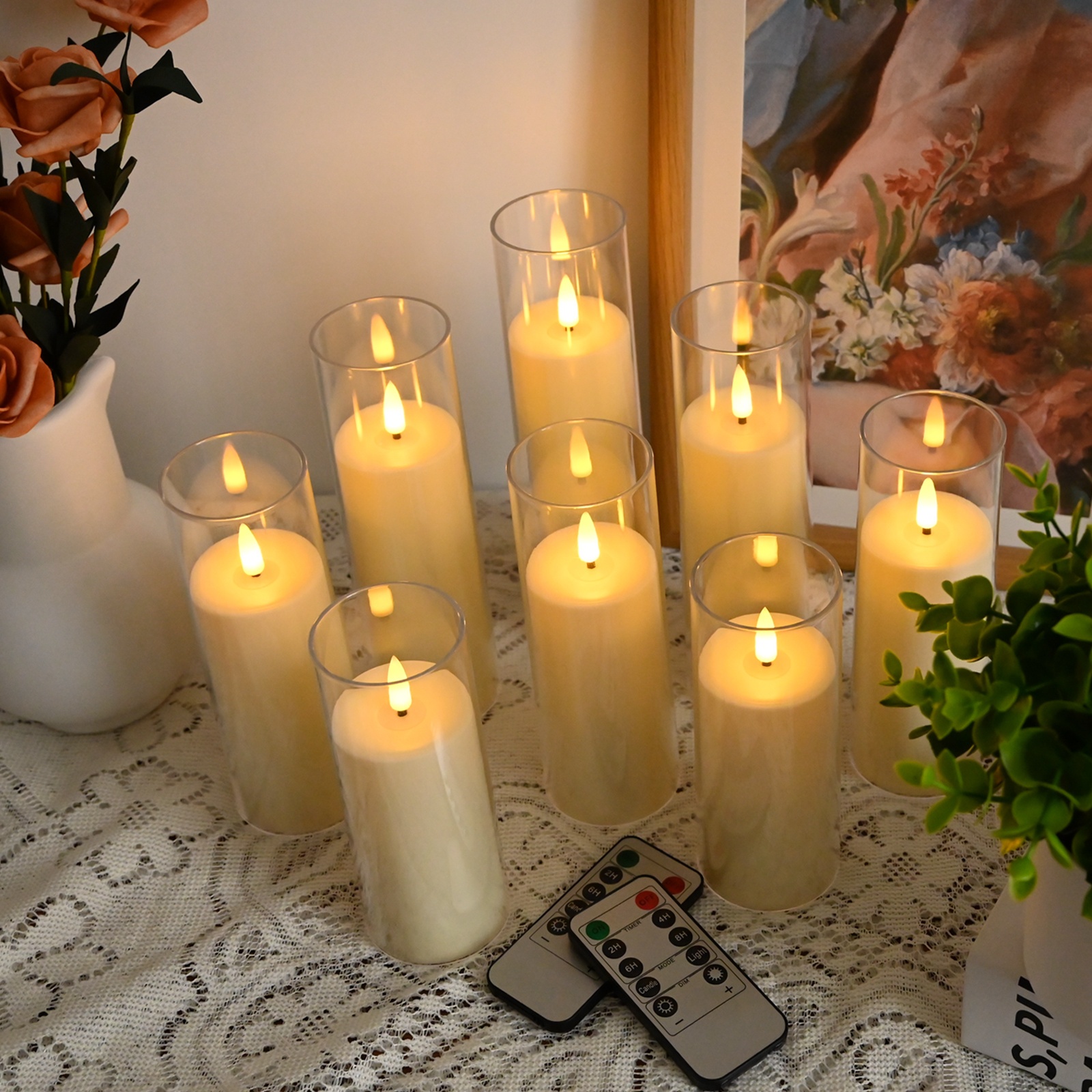 8 Stuks Flikkerende Vlamloze Kaarsen, LED Batterijgevoerde Pilaarlichtkaarsen met Afstandsbediening en Timer