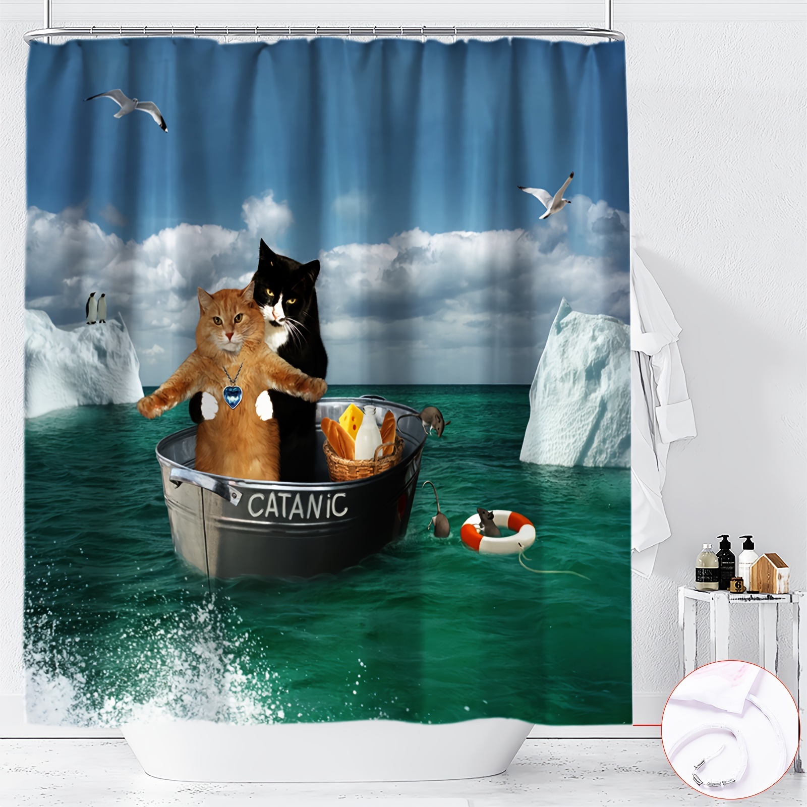 

Titanic Cat & Glacier Print Shower Curtain - Waterproof, Machine Washable Polyester With Hooks Included - Perfect For All Seasons Bathroom Decor