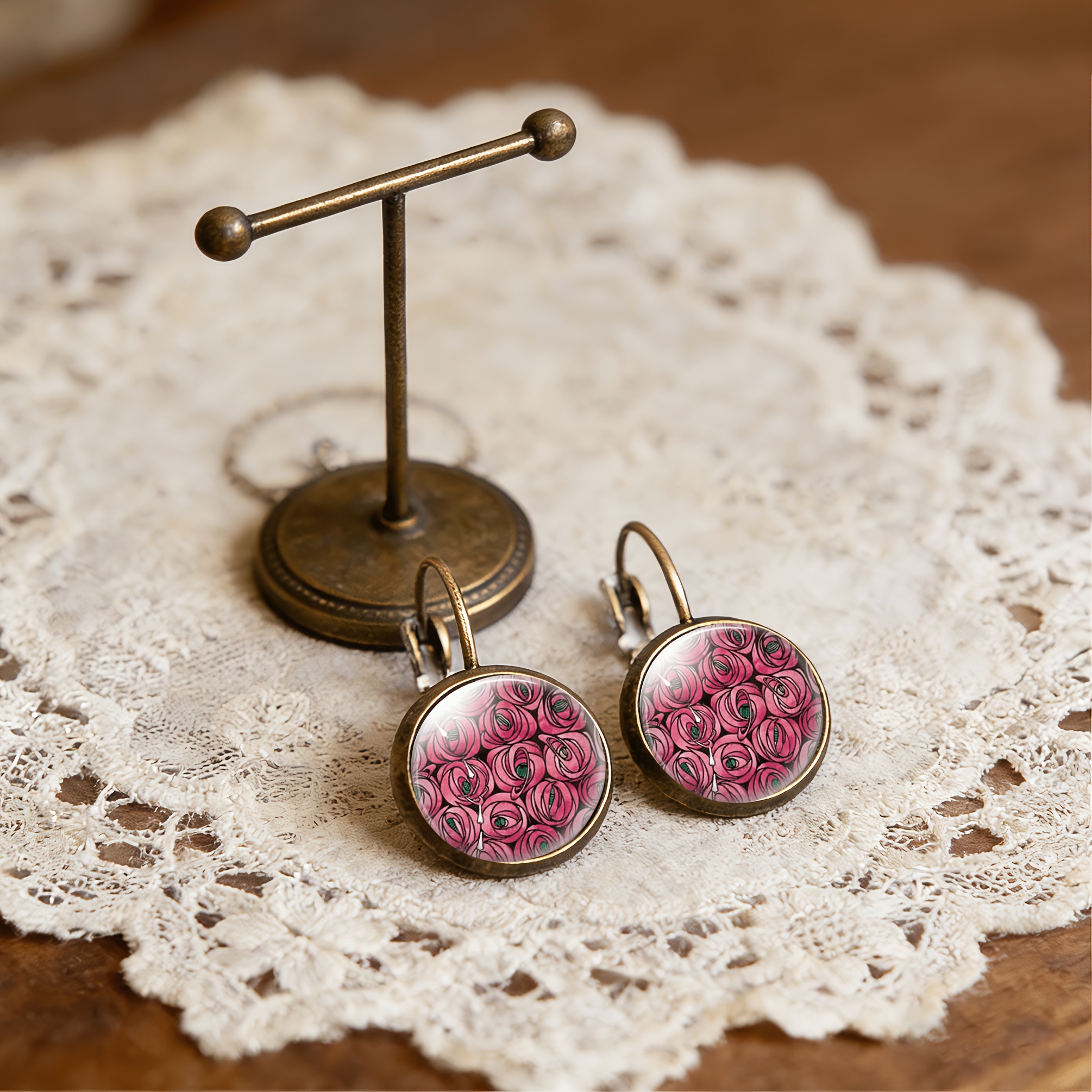 Cyan Round Classical Earrings with Pink Roses, Delicate Design