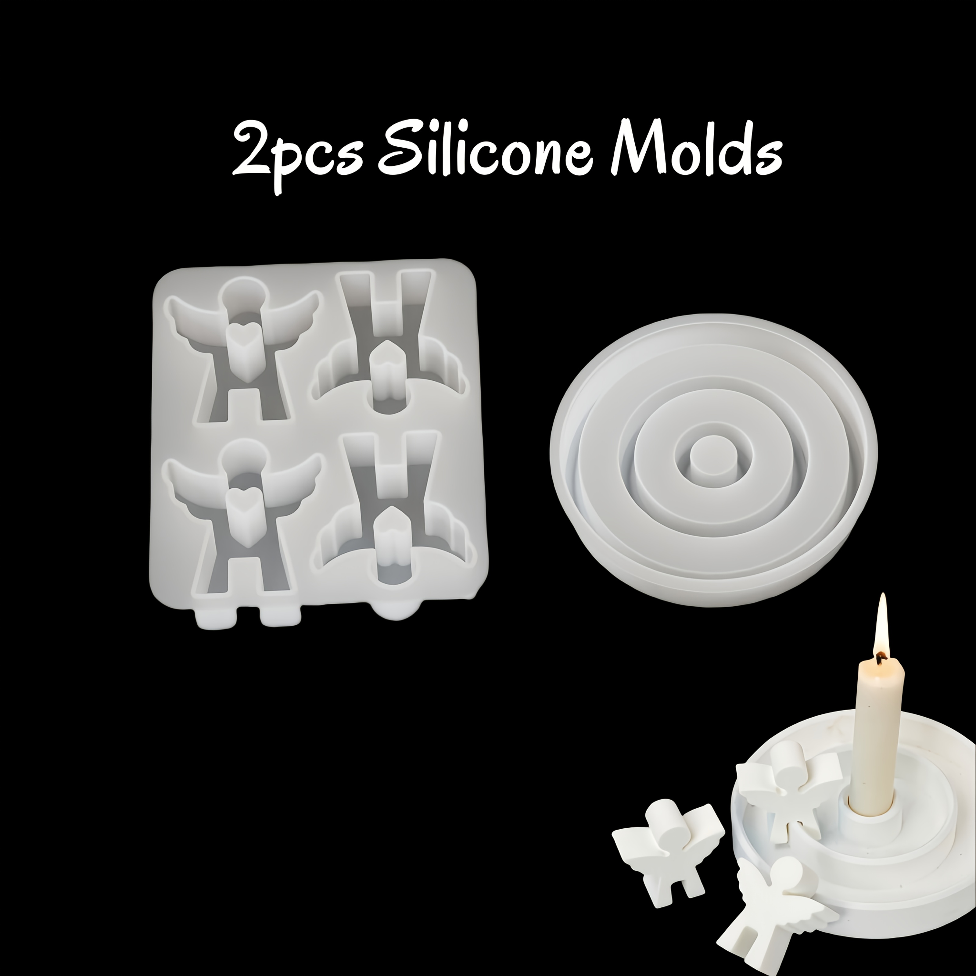 Image of 2pcs Christmas Candle Holder Silicone Mold Set, Including 1 Round Candle Holder Mold And 1 4- Mold. Suitable For Diy Crafts Such As Plaster, Resin, And . Made Of Soft Silicone For Easy Demolding And