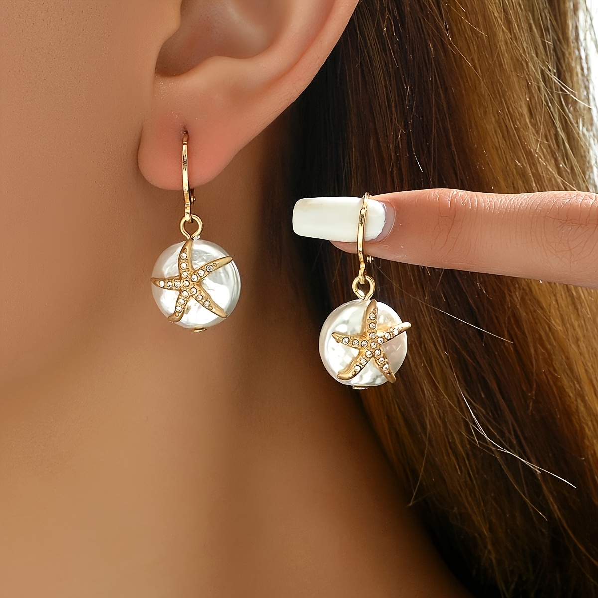 TEMU A Pair Of Elegant Bohemian Ocean-themed Earrings Featuring Water Drill Starfish And Pearls, Perfect For Summer Beach , Suitable For Women' , Vacations, And Beach Parties