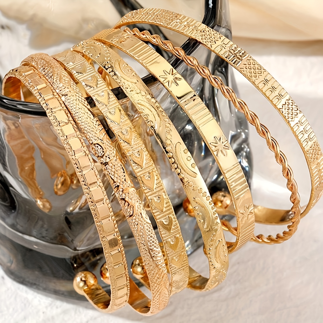 

14k Golden Plated Iron Bangle Bracelets For Women, Set Of 7, Boho Tribal Style, Adjustable Open Cuff, Design With Star And Heart Shapes, Suitable For Daily And Party Occasions