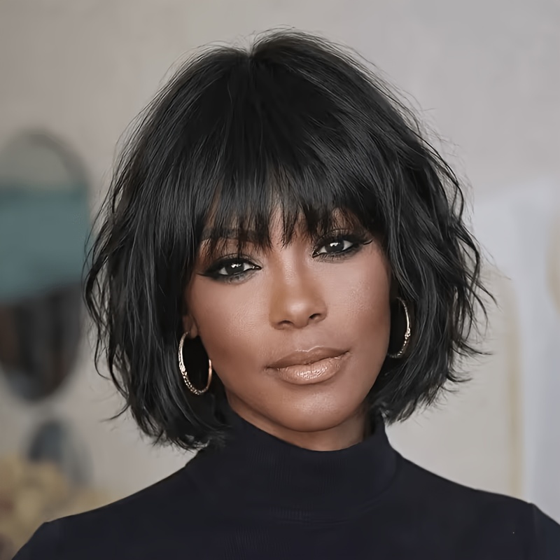 TEMU Perruque Synthétique Naturelle à Cheveux Courts avec Frange - Perruque à Cheveux Courts Colle, Adaptée à un , Bonnet en Rose, Instantanée du