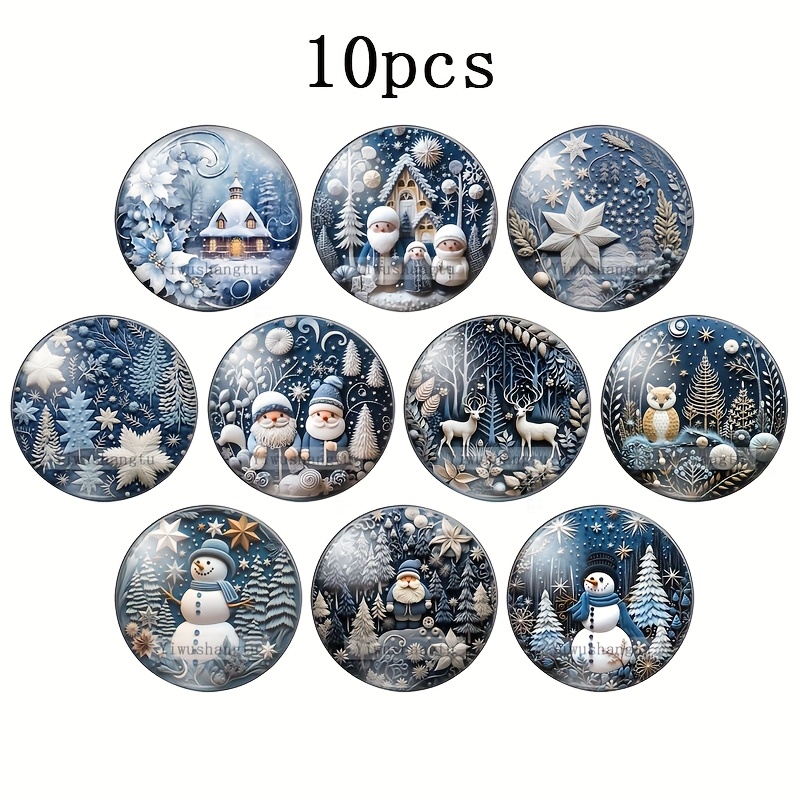 TEMU 2D Flat - 10 Stück 12mm/20mm/25mm 2D Glasprodukt Blaue Weihnachtslandschaft Weihnachtsmann Schneemann Elch Eule Frohe Weihnachten Muster Runde