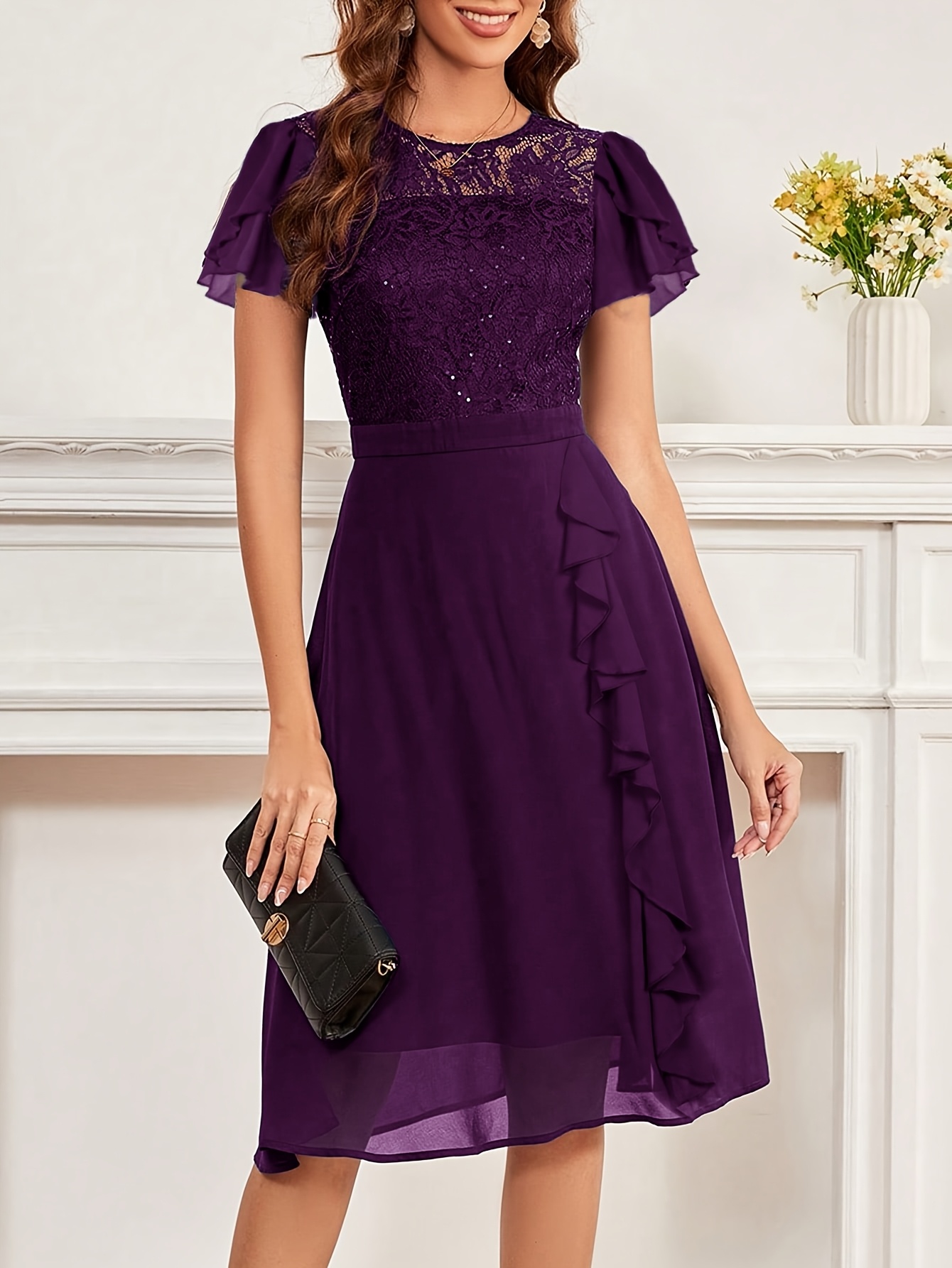 chinese dress ladies Plus Size Lace V-Neck Midi Cocktail Dress with Flutter Sleeves main image 1