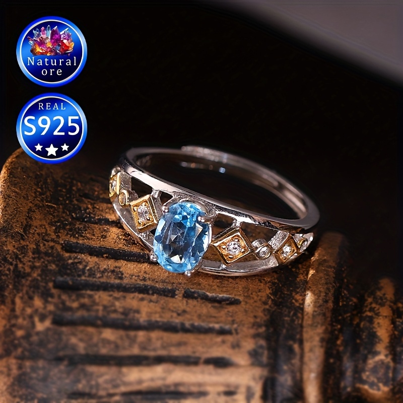 S925 Silver Topaz Ring Adjustable Openwork Hollow Out Gift Boxed