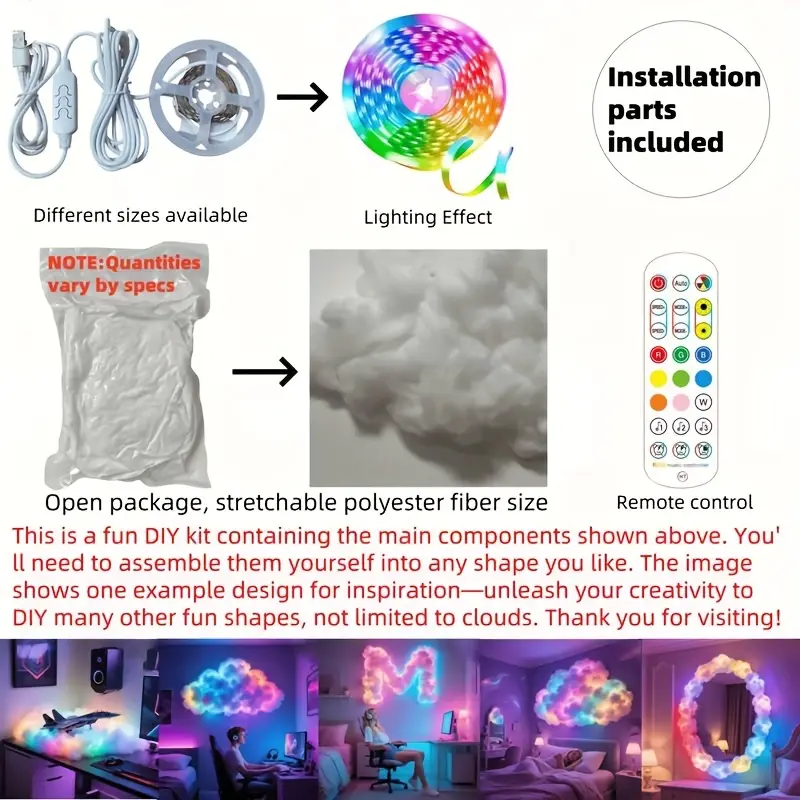 3d thunder cloud led light with music sync rgb multicolor changing strip lights usb powered wireless remote app degree wall ceiling mount for indoor bedroom gaming room party christmas and holiday decorations Product details 4