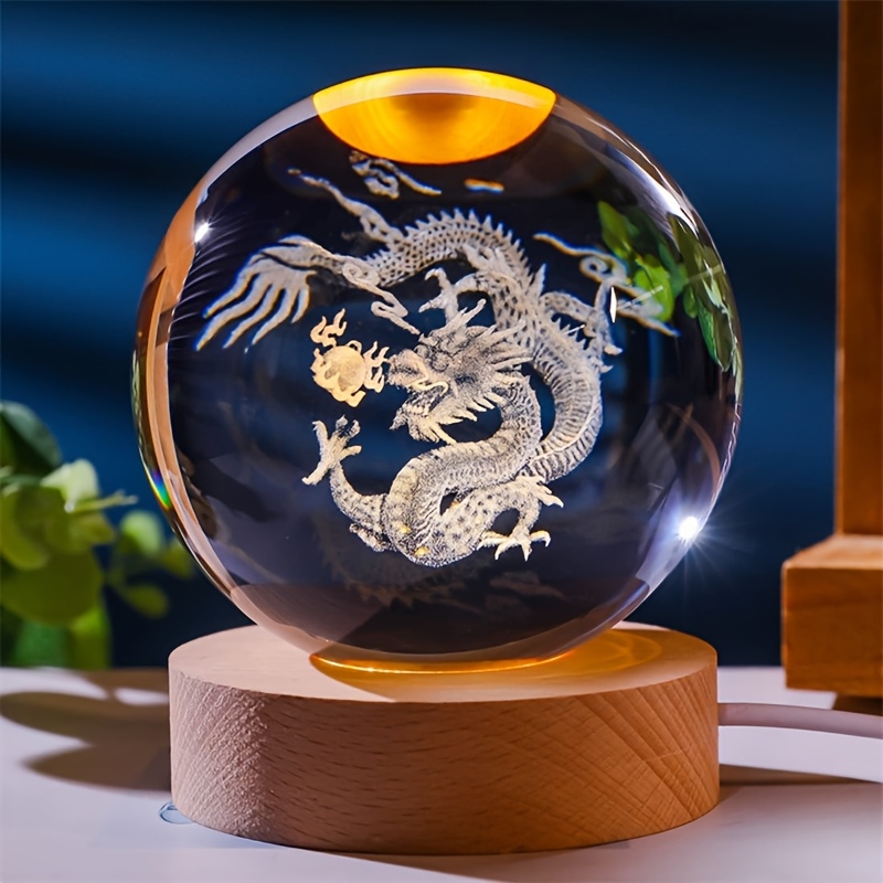 TEMU 1pc 3d Laser Engraved Ball Lamp With Wooden Led Base - Usb Powered Desk Decor, Intricate Dragon Statue Design, Symbol Of Strength And Good Luck, Warm Light Effect, Or Office Decoration