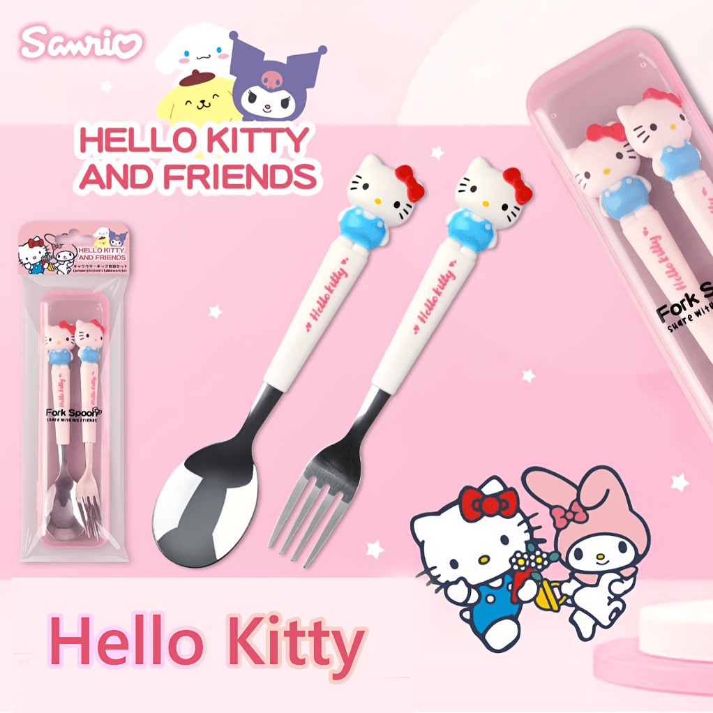 Image of Hello Kitty Fork And Spoon - Cute Portable Utensil Suitable For Families, Dorms, Camping & Picnics - 304 Stainless Cutlery With Iconic Hello Kitty Design ()